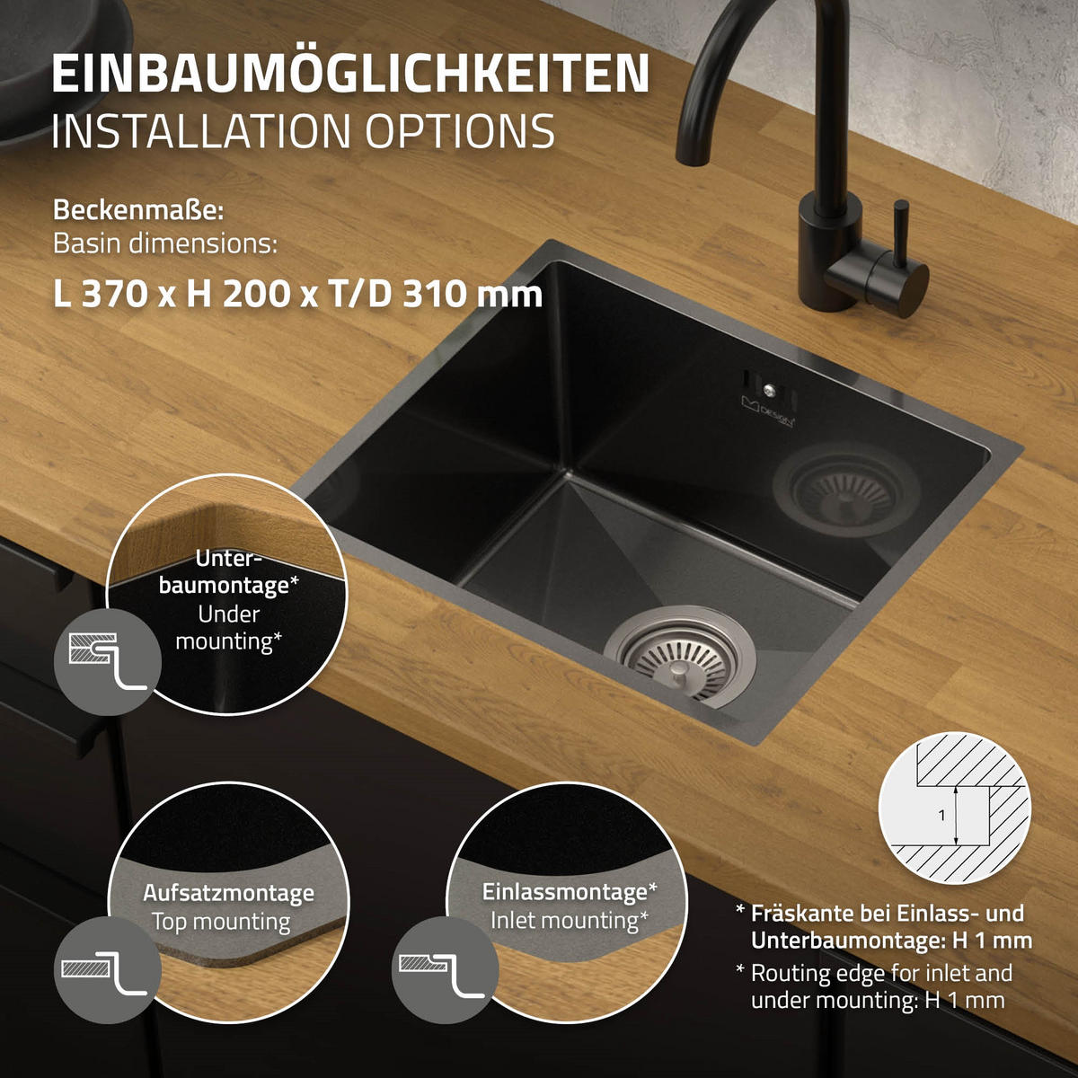 SPÜLBECKEN Edelstahl 34/40cm Anthrazit - Anthrazit, Metall (34/20/40cm) - ML-DESIGN