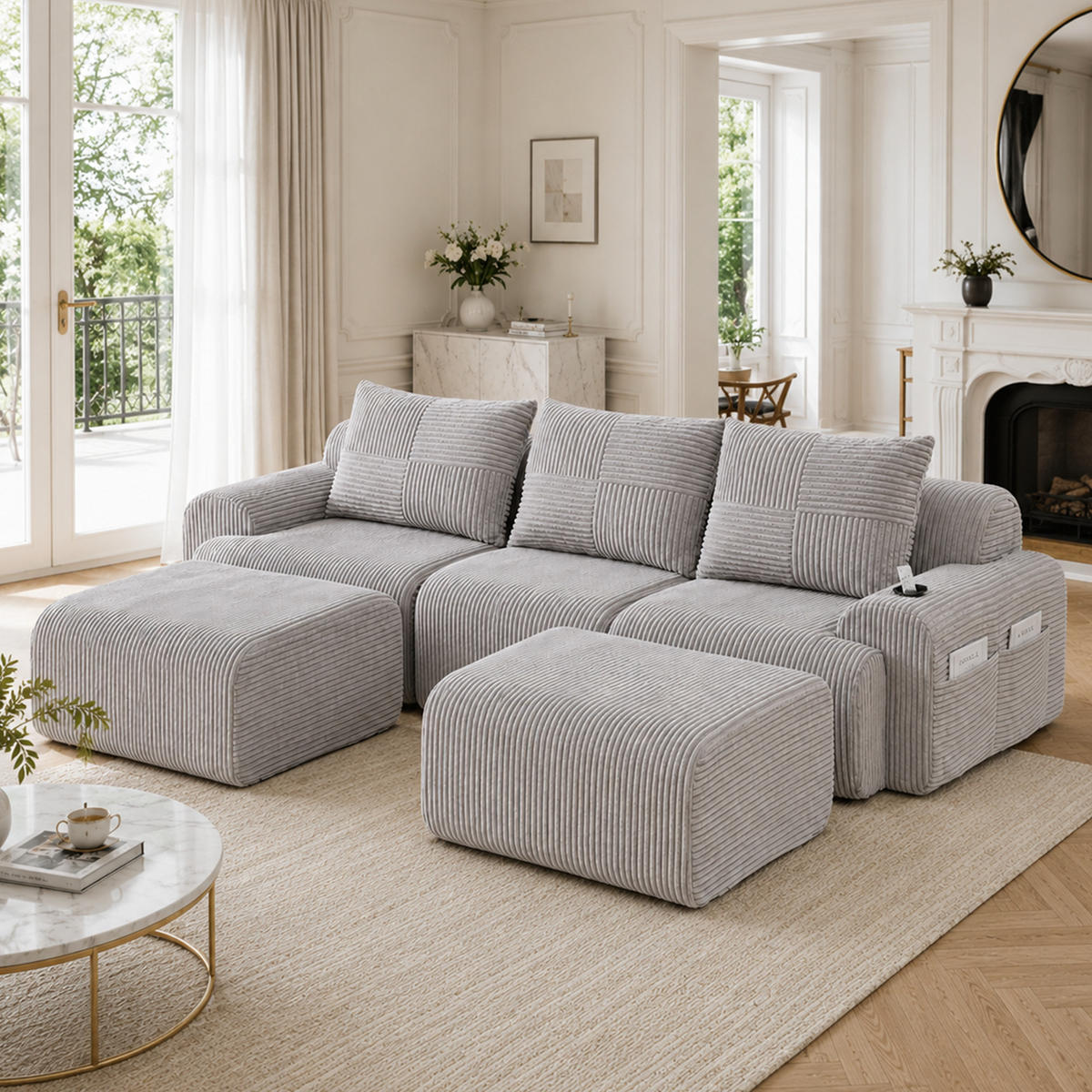 ECKSOFA mit Getränkehalter, Seitentasche und 2 Hockern sowie frei kombinierbaren Cordmodulen in Hellgrau - Hellgrau, Textil (268/174cm) - EVRYAE