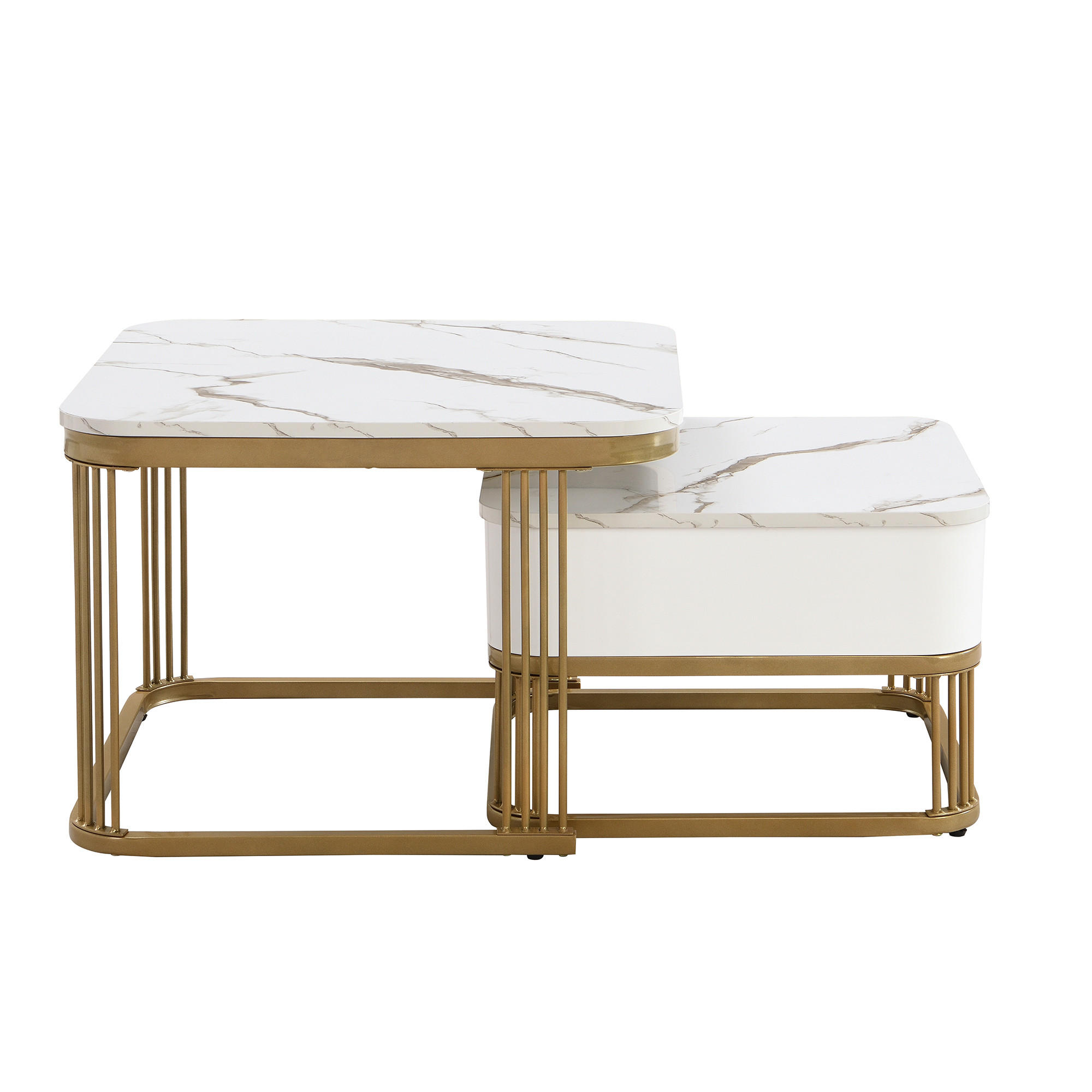 COUCHTISCH-SET Weiß mit Glasplatte und Schublade - Weiß, Metall (60/60/42cm)