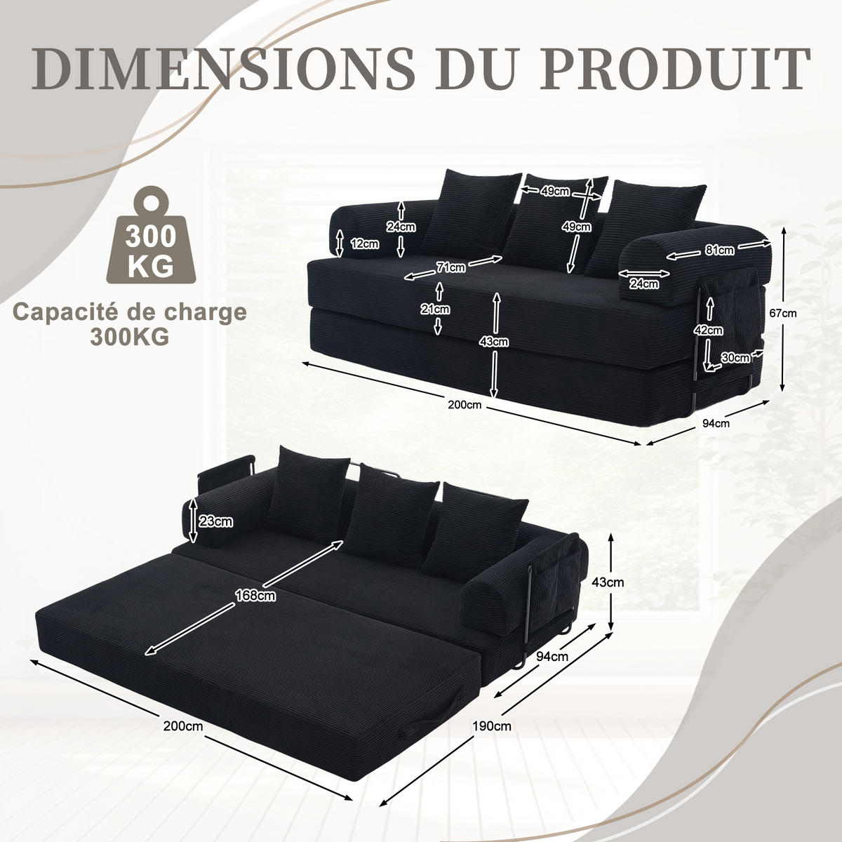 SOFA 3-Sitzer in Schwarz aus Cord mit modularem Design und Metallrahmen - Schwarz, Holzwerkstoff/Textil (200/67/94cm) - CHICFURN