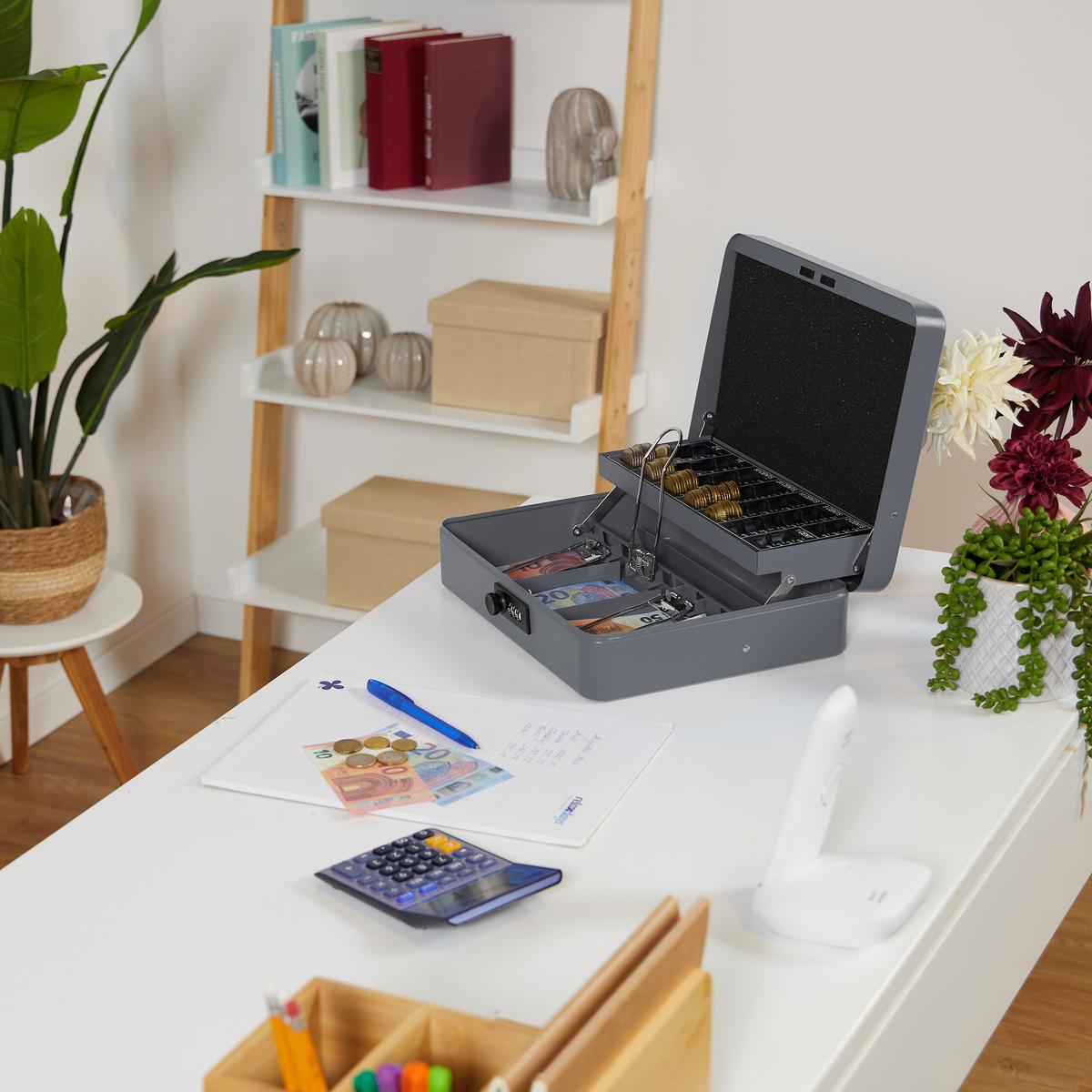 POKLADNIČKA na euro mince - sivá, kov/plast (30.5/8.5/25cm) - Relaxdays