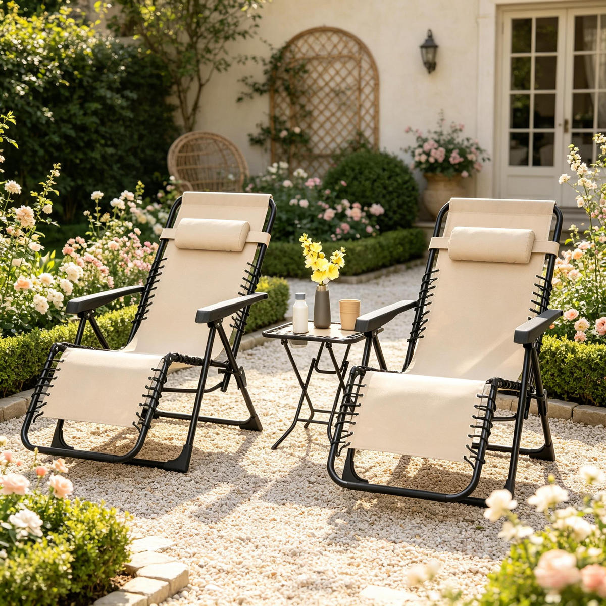 GARTENMÖBEL,2 Liegestühle+1 Tisch - Beige, Metall - Vallsero