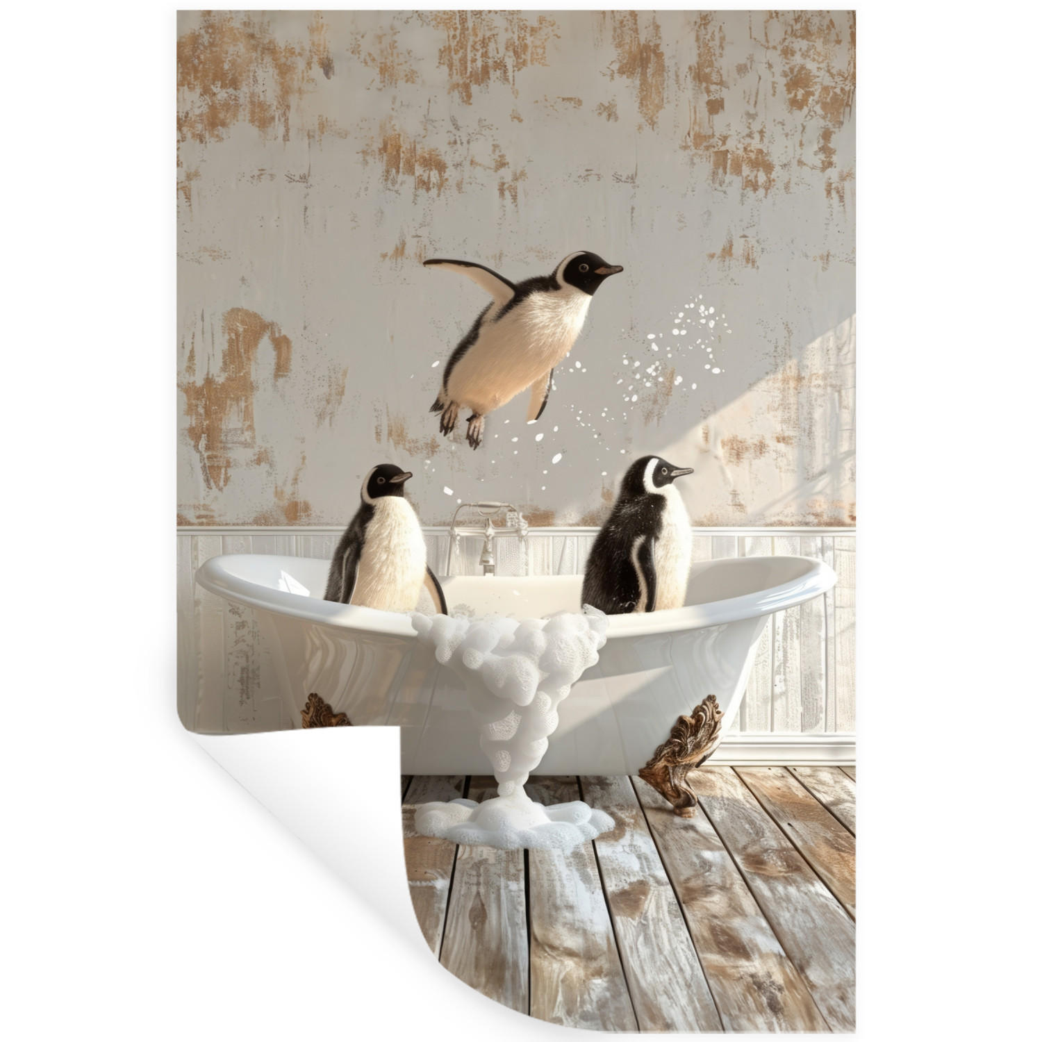 WANDTATTOO Vintage - Pinguin - Badewanne - Schaumstoff 40x60 cm - Schwarz, Kunststoff (40/60/0.1cm) - MuchoWow
