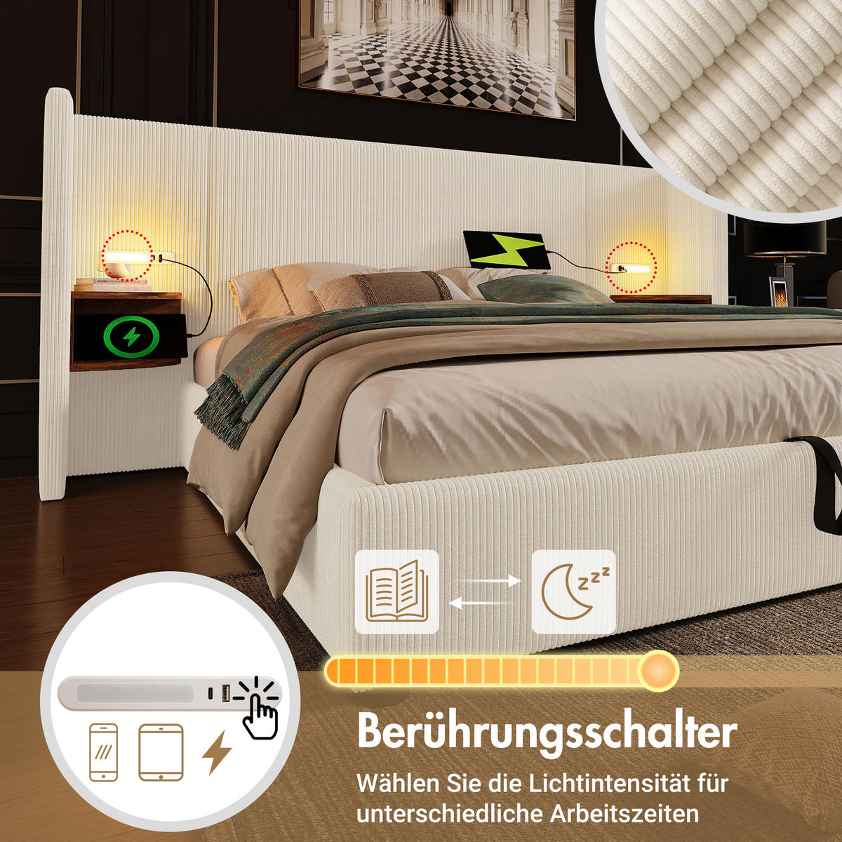 POLSTERBETT 160/200 cm mit hydraulischem Bettkasten, Kopfteilregal & USB/Type-C-Ladefunktion, Beige - Beige, Textil (160/200cm) - Redom