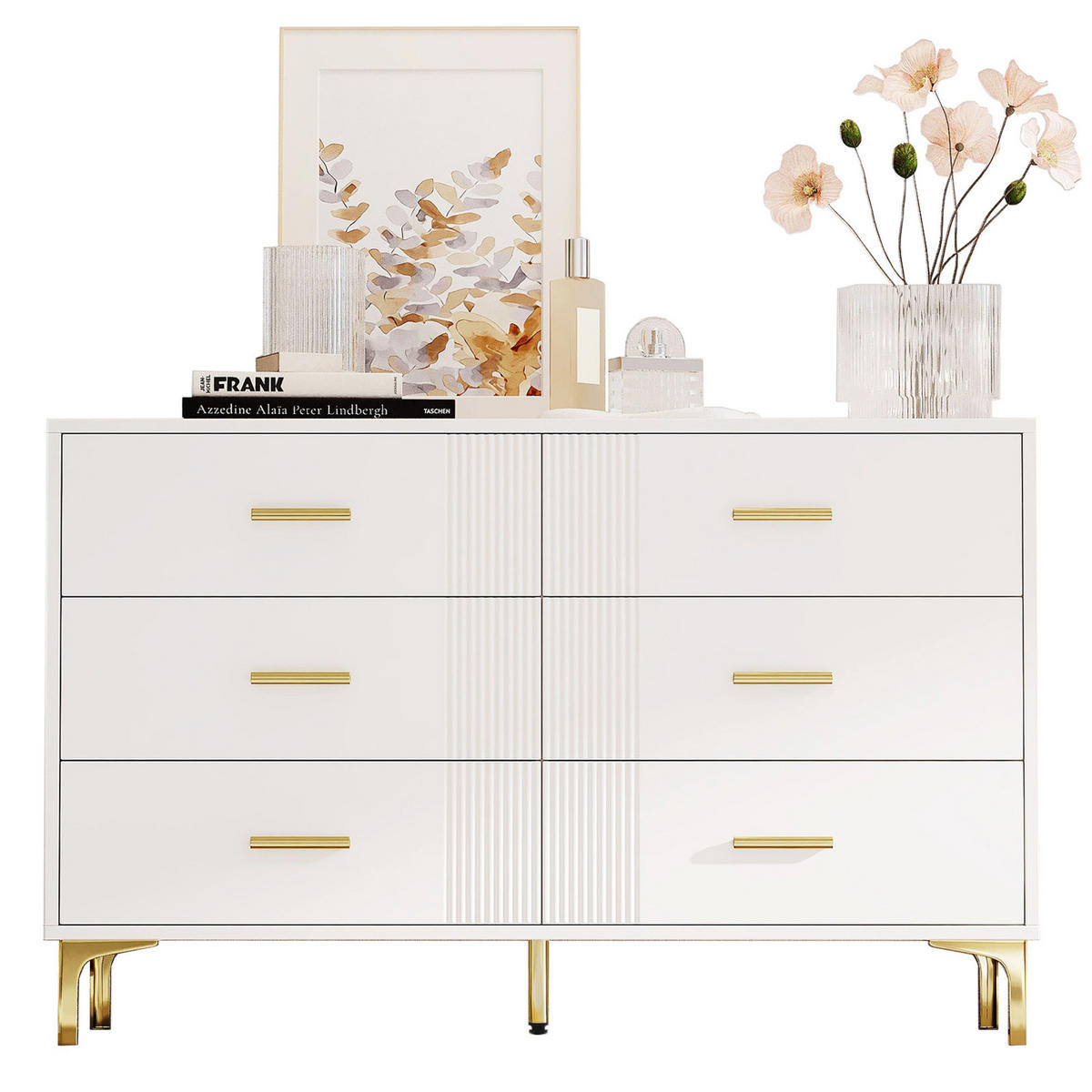 KOMODA z MDF 120x76x40 cm bílá se 6 zásuvkami a vlnitým čelem - bílá, kompozitní dřevo (120/76/40cm) - Modfu