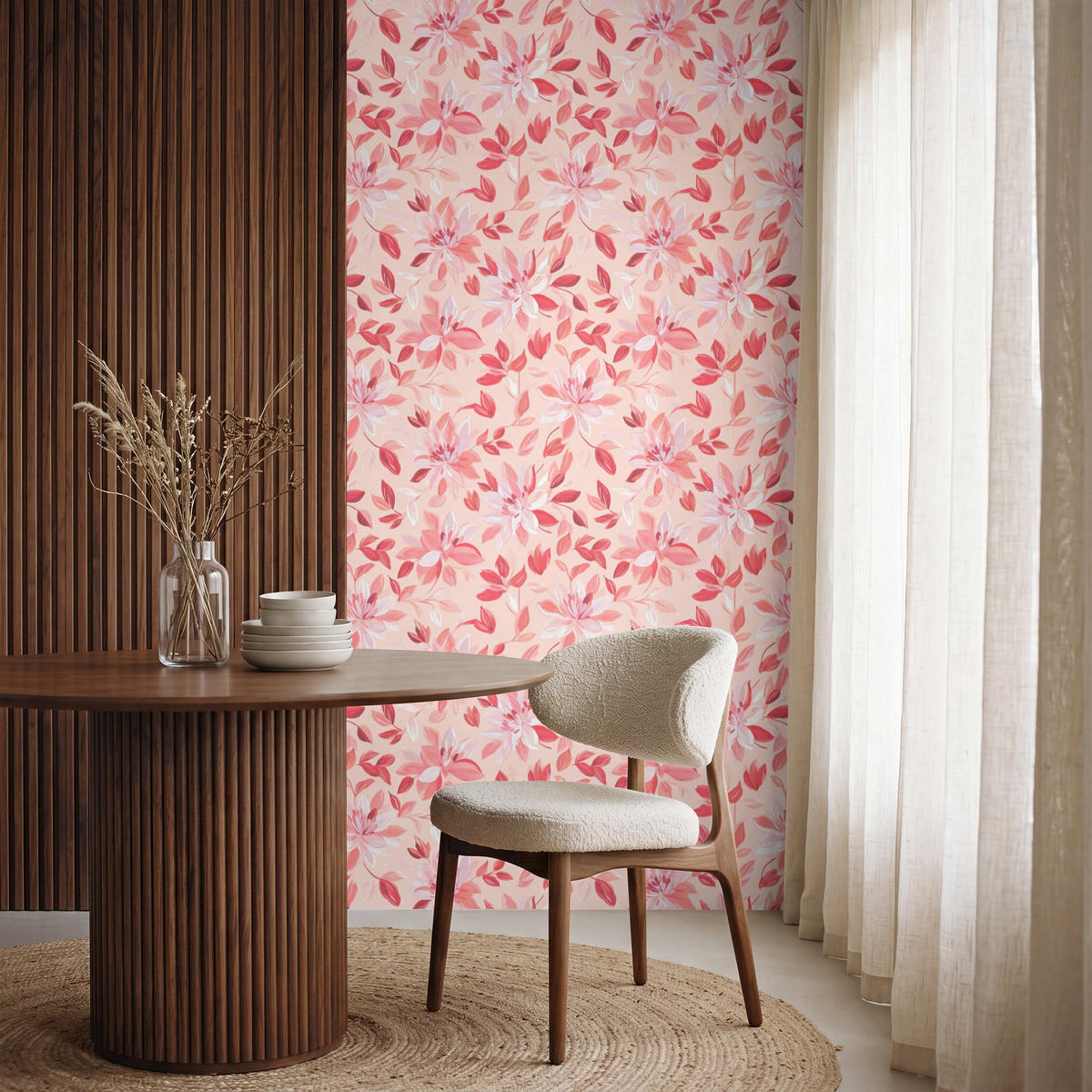 TAPETE - Botanisch - Blumen - Rot - 100x220 cm - Koralle, Papier (100/220cm) - OnlyWow