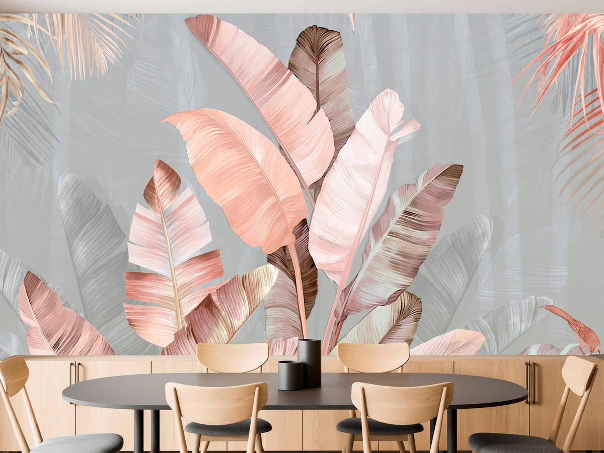 FOTOTAPETA Pre Jedáleň Tropické Pastelové Banánové Listy 400 x 280 cm - hnedá/sivá, papier (400/280cm) - Muralo