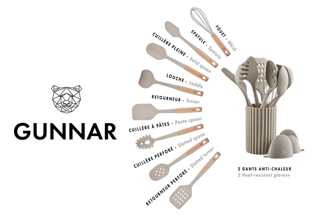 KÜCHENUTENSILIEN-SET aus Holz und Silikon GUNNAR - 11-teilig - Grau, Kunststoff - Björn