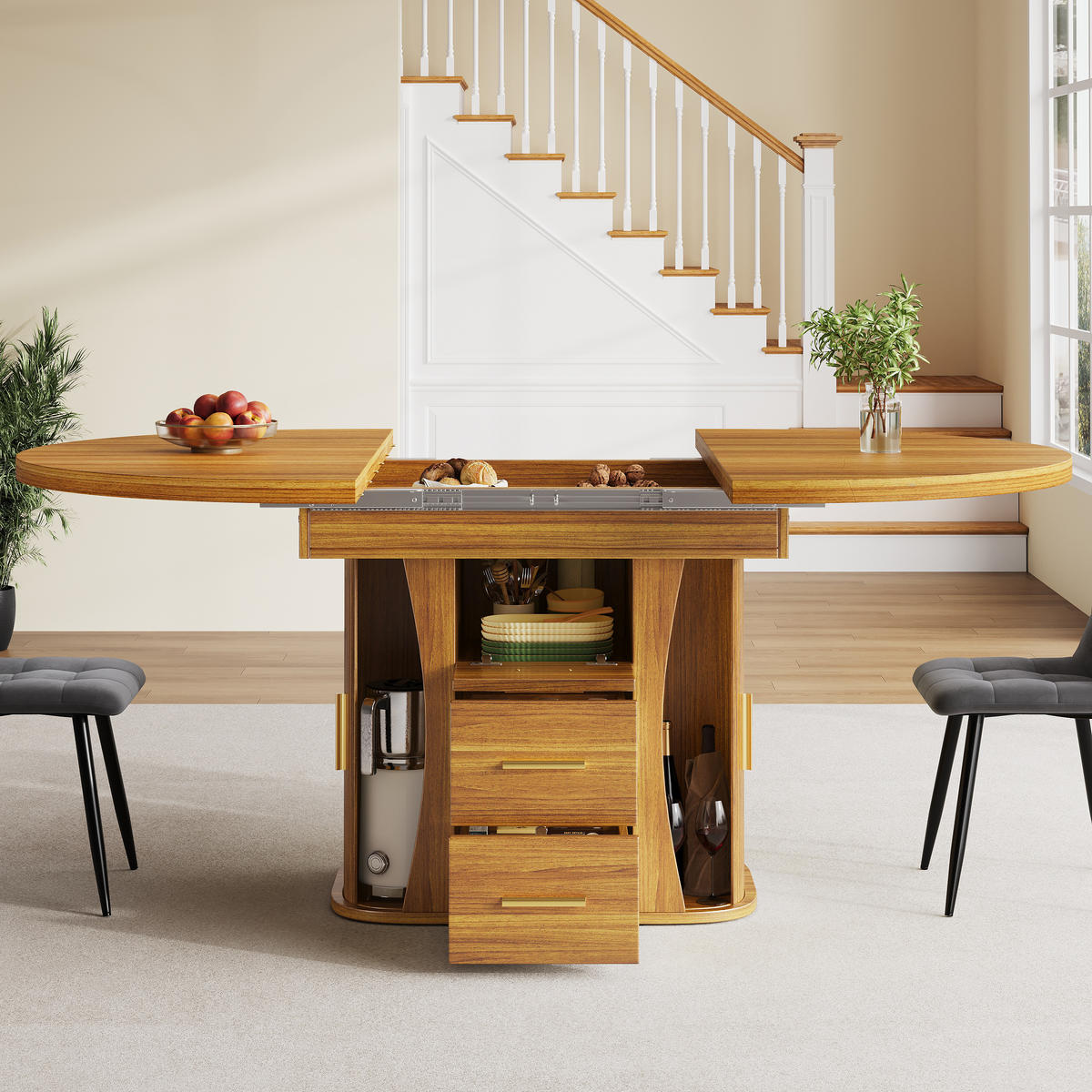AUSZIEHTISCH 118 cm Nussbaumoptik aus MDF – oval erweiterbar für bis zu 6 Personen - Braun, Holzwerkstoff (118/118/77cm) - BEAOK