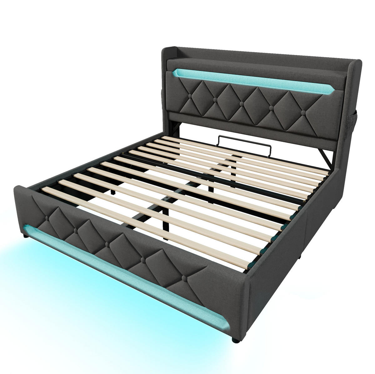 BETT mit LED und Stauraum 160x200 cm Leinen Grau - Grau, Metall (160/200cm) - Meubliv