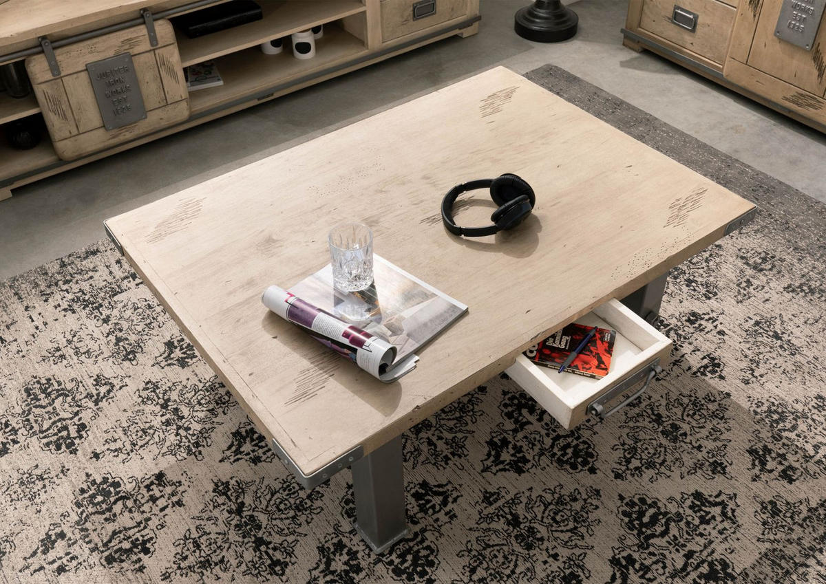 COUCHTISCH Mango 110x80x43 whitewash lackiert RAILWAY #305 - Beige, Holz (110/80/43cm) - Massivmoebel24