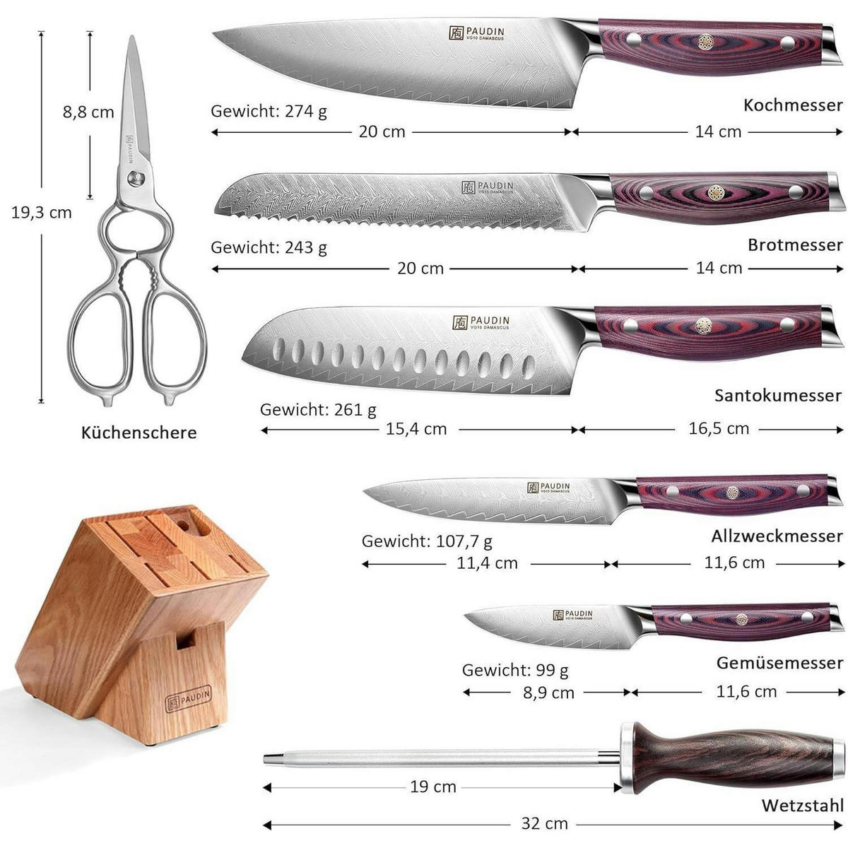 MESSERBLOCKSET 8-teilig Damaststahl Holzgriff - Multicolor, Holz