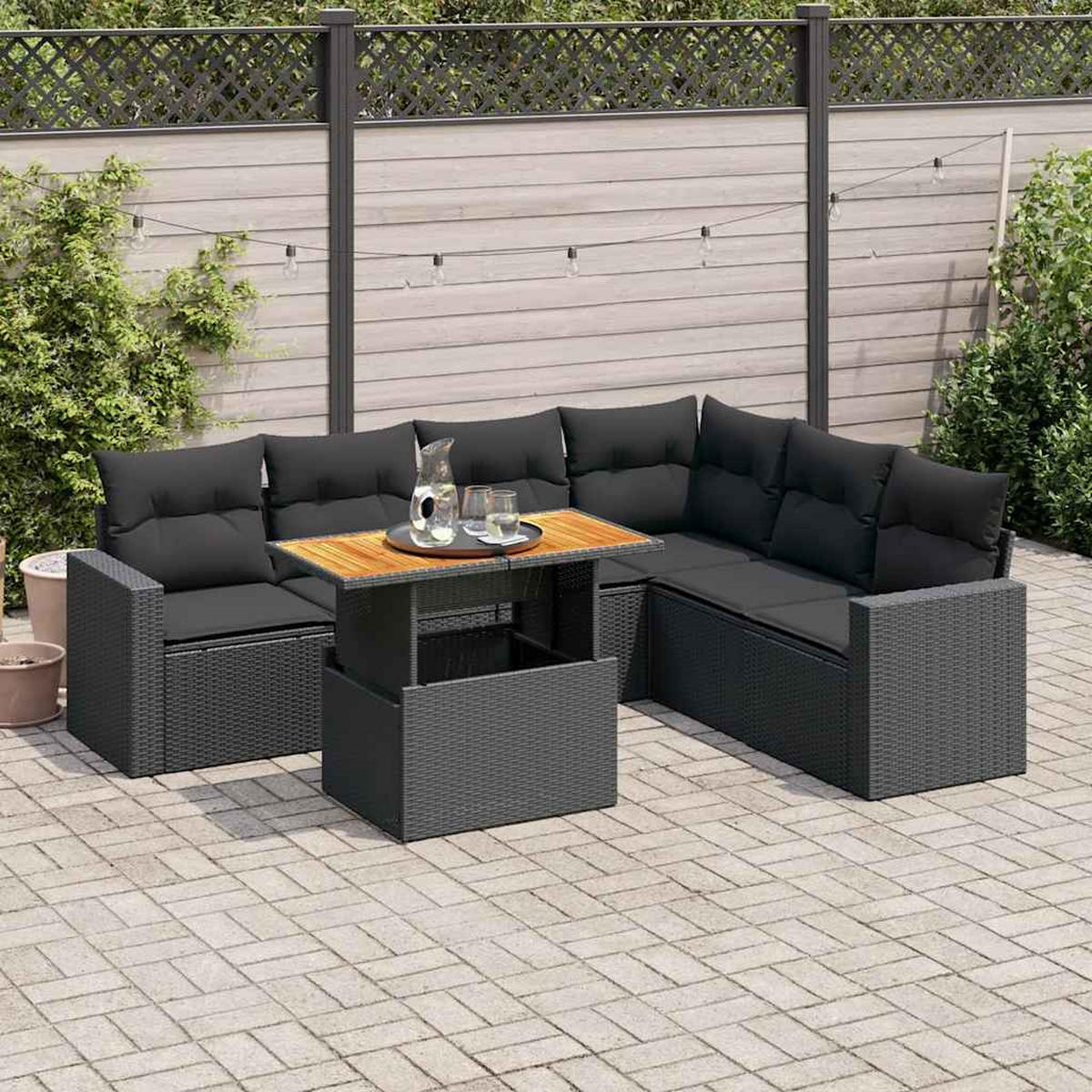 GARTEN-SOFAGARNITUR 7Er Set Mit Kissen Schwarz Poly Rattan - Schwarz, Kunststoff - vidaXL