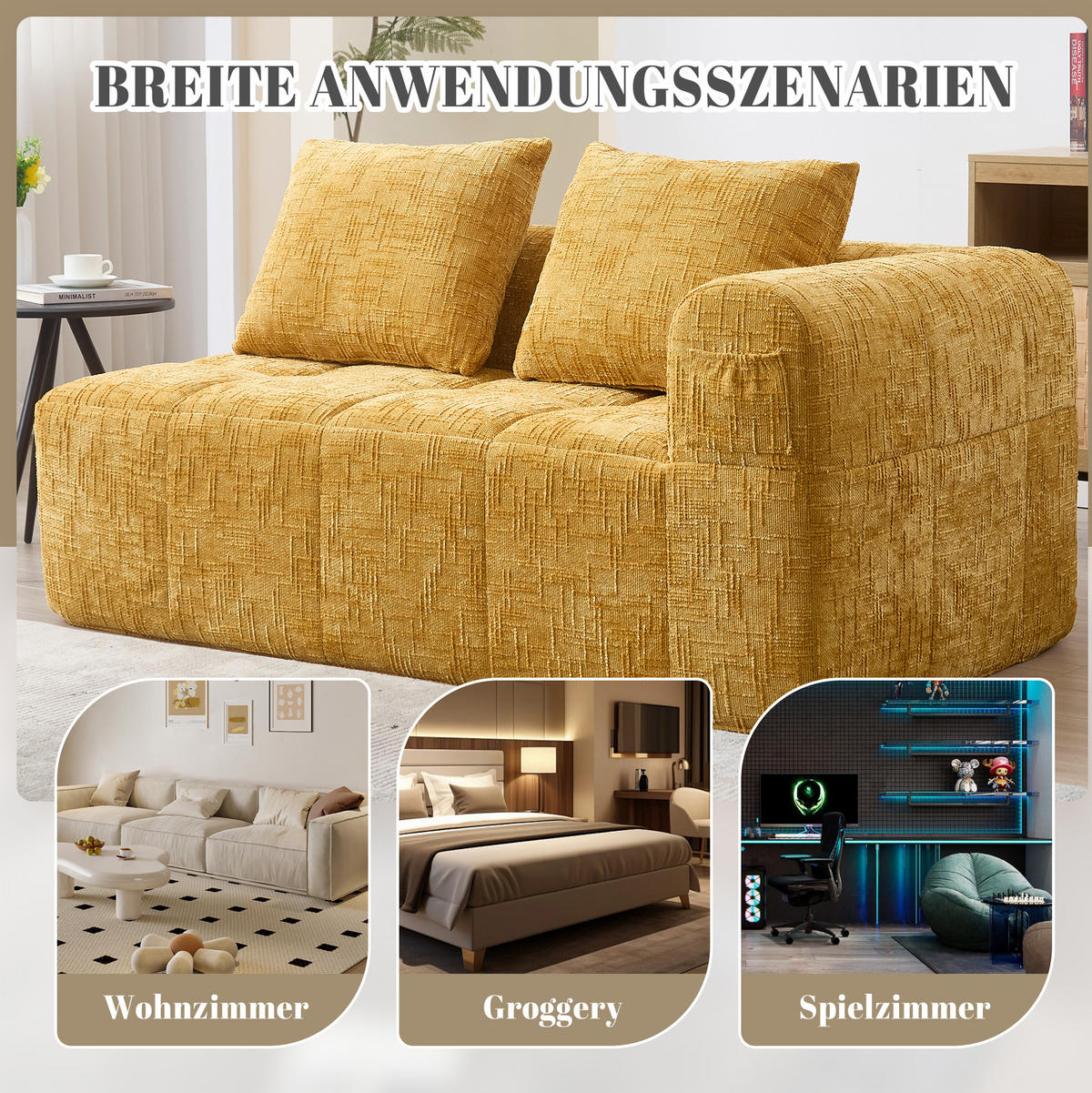 2-SITZER Sofa Chenille mit Chaiselongue und Seitentaschen 158/90/60 cm Gelb - Gelb, Textil (60/158/90cm) - Redom