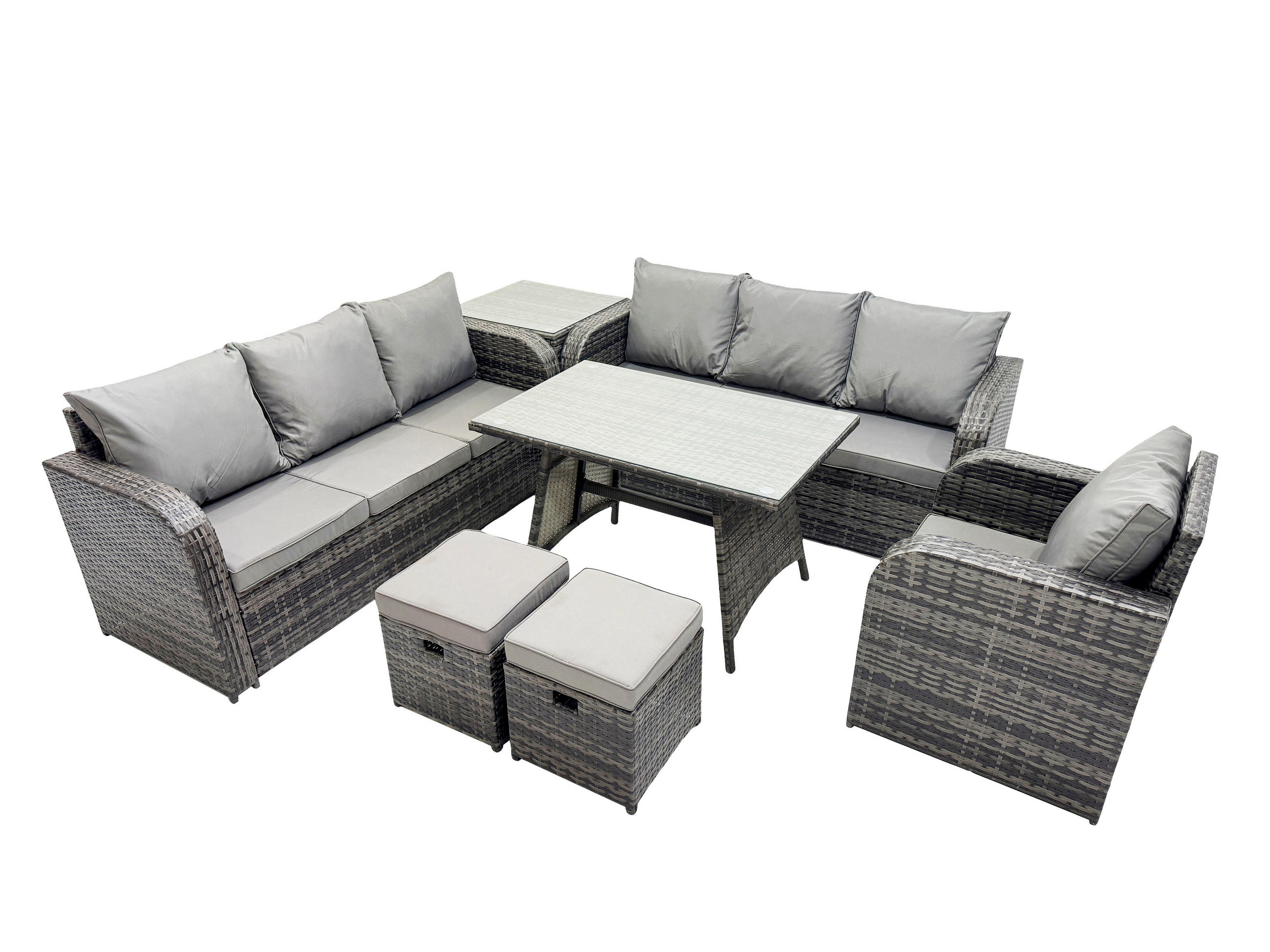 GARTENSET Hohe Rückenlehne Polyrattan 9-Sitzer - Dunkelgrau/Grau, Glas/Kunststoff - Fimous