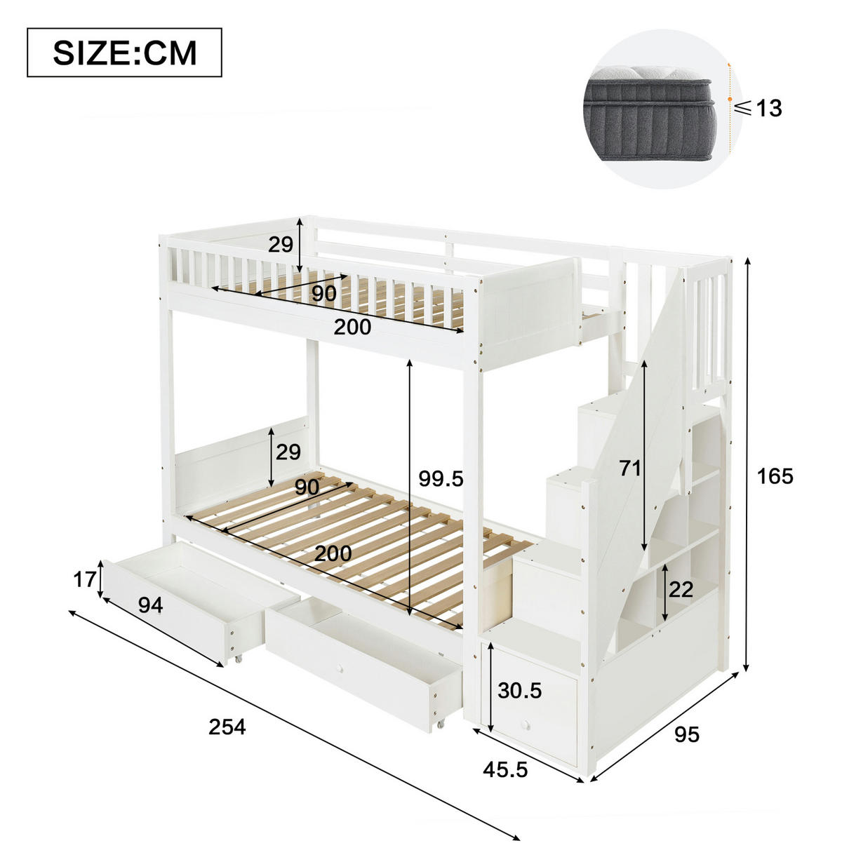 ETAGENBETT aus Massivholz, MDF und Kiefer 90x200 cm Weiß mit Stauraumtreppe, 2 Bettkästen und Rausfallschutz - Weiß, Holz (90/200cm) - Modfu