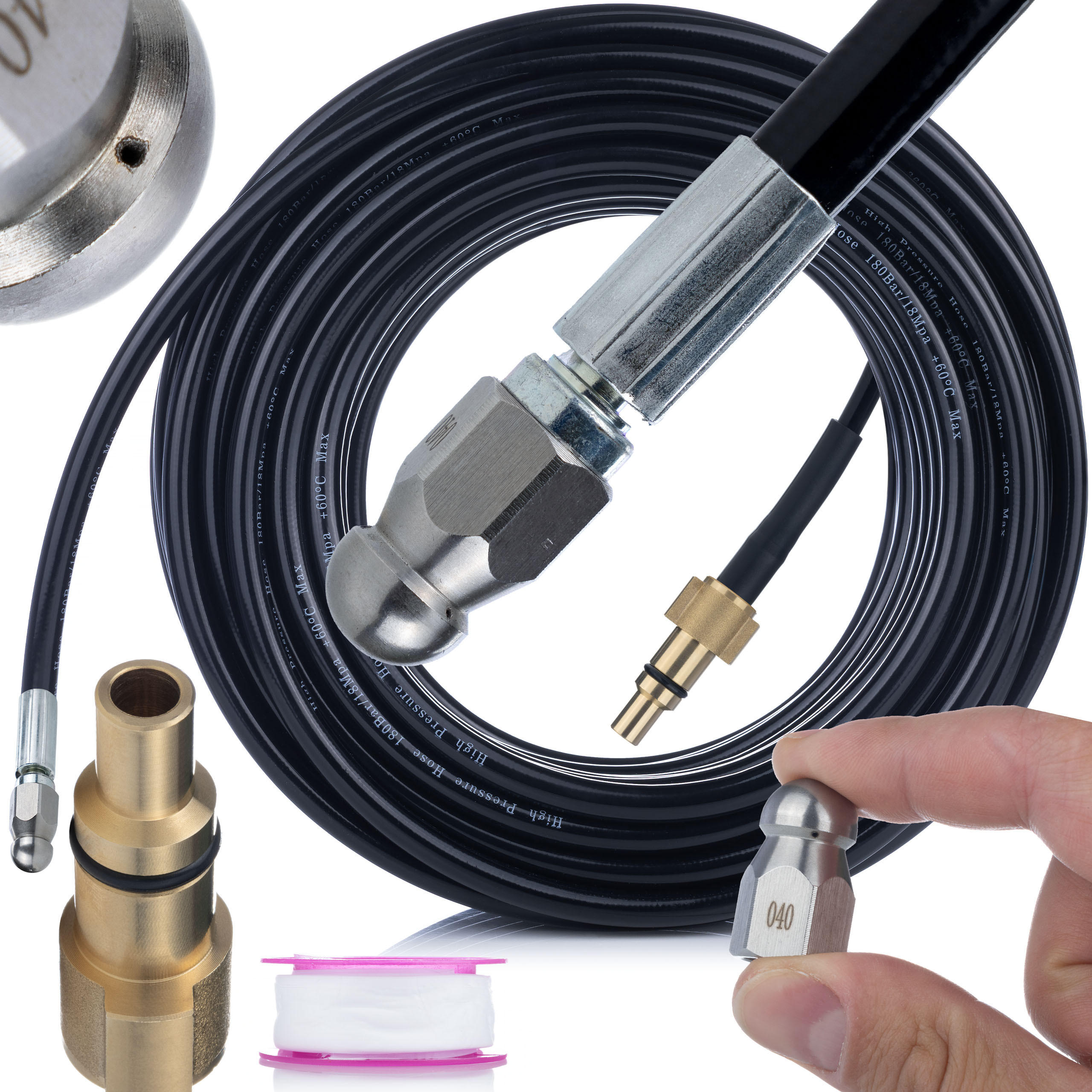 SCHLAUCH Universal 20 m, 200 bar, 60 °C, Düse 1+3, Gewinde 1/4", Schnellanschluss neu, PTFE-Dichtband - Multicolor, Kunststoff/Metall (10/10/10cm)