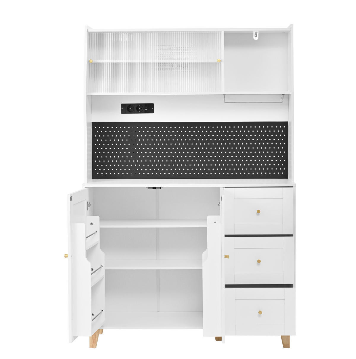 BUFFET 120/40/184 cm aus MDF mit Steckdosen, Lochplatte und Riffelglastüren Weiß - Weiß, Holzwerkstoff (120/184/40cm) - Modenvie