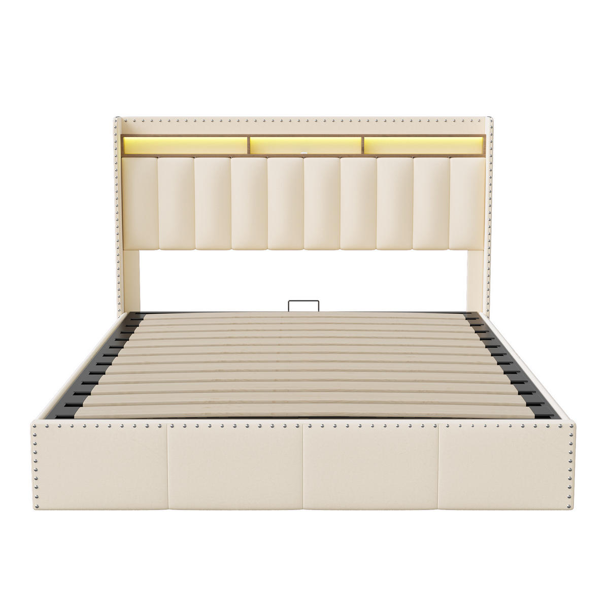 POLSTERBETT 140x200 cm LED Stauraum Kopfteil Lattenrost Samt beige - Beige, Holz (140/200cm) - LEBENLANG
