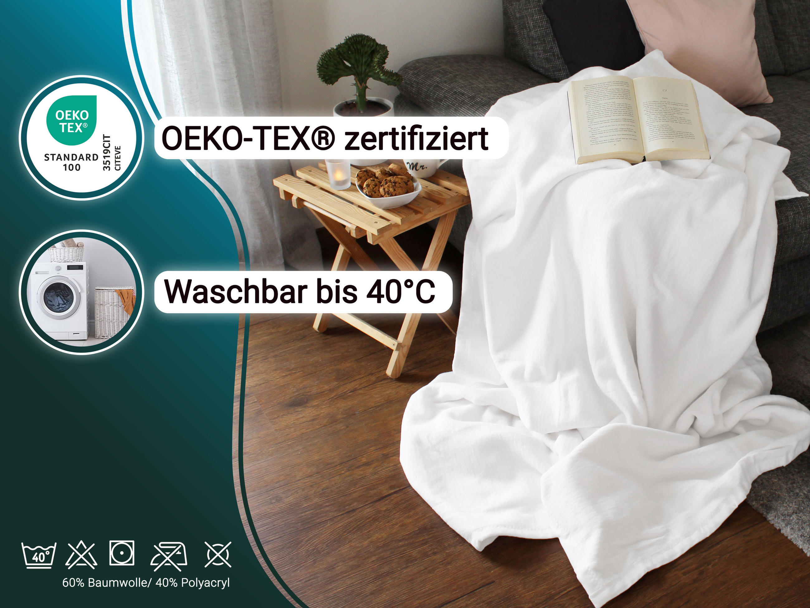 KUSCHELDECKE, 150x200 cm, 60% Baumwolle, 40% Polyacryl, Weiß - Weiß, Naturmaterialien (150/200cm) - Zollner