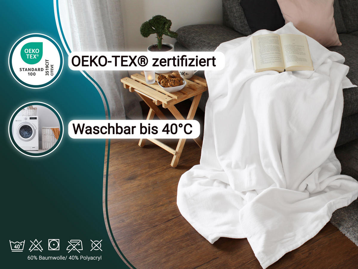 KUSCHELDECKE, 150x200 cm, 60% Baumwolle, 40% Polyacryl, Weiß - Weiß, Naturmaterialien (150/200cm) - Zollner