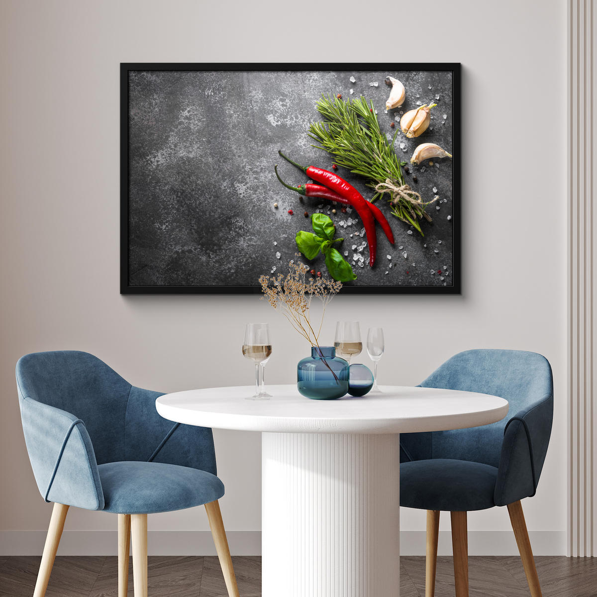 ZARÁMOVANÝ PLAGÁT Korenie - bylinky - korenie - betón 90x60 cm - tmavosivá, papier (90/60cm) - MuchoWow