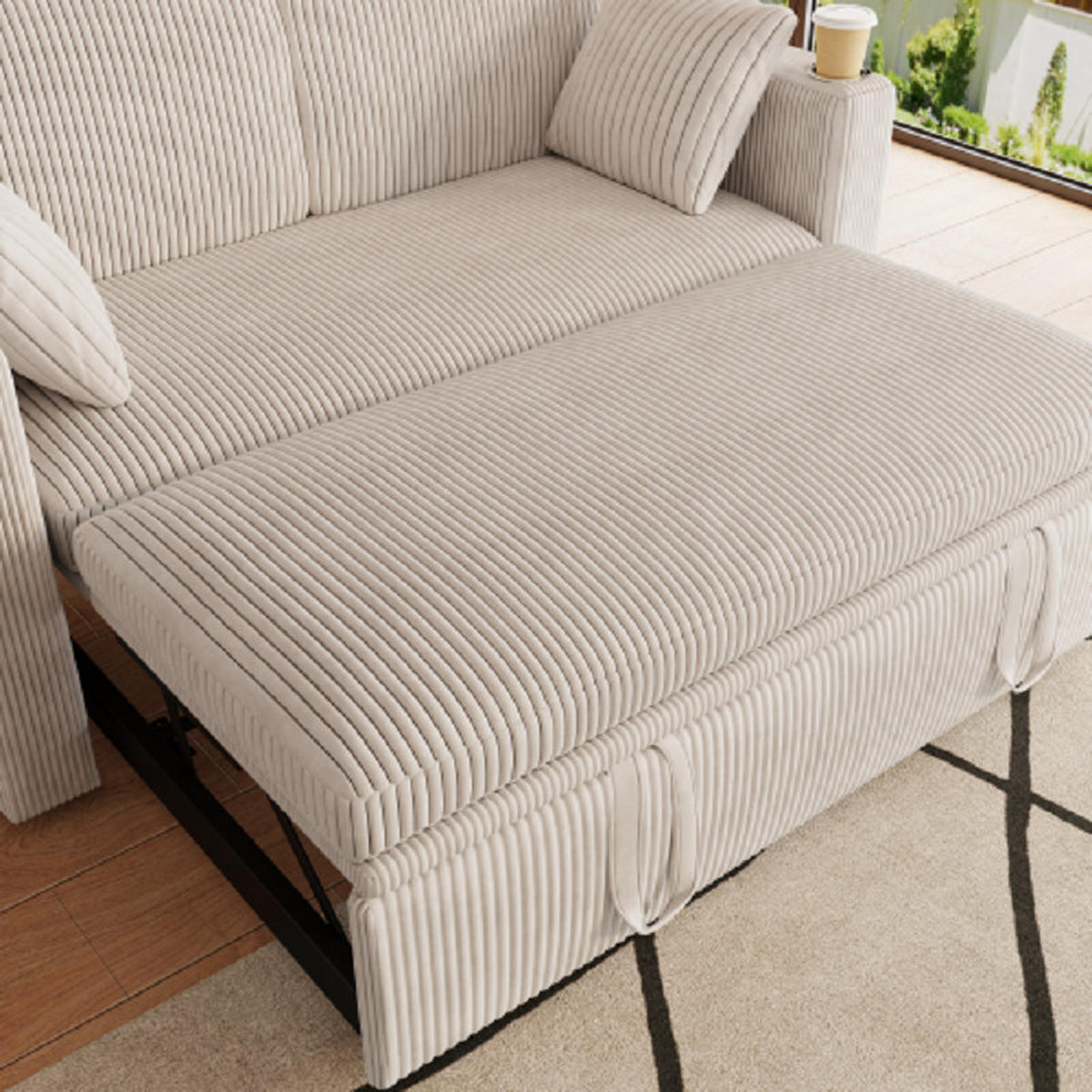 2-SITZER SCHLAFSOFA Cord Weiß mit Bettfunktion - Beige, Textil (145/85.5/132cm) - WISHDOR