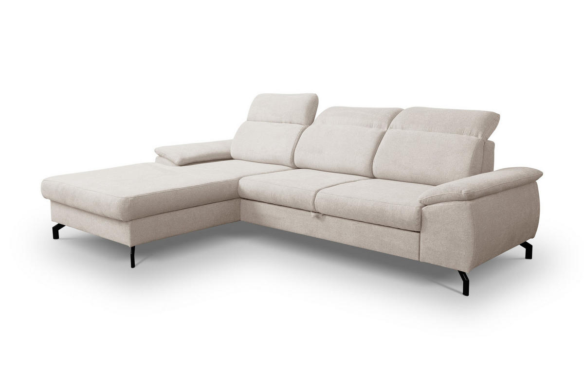 ECKSOFA MALIBU mit Schlaffunktion und Bettkasten, Farbe: Beige, Velourstoff, Ottomane Links - Beige, Textil (276/184cm) - VENASI MÖBEL