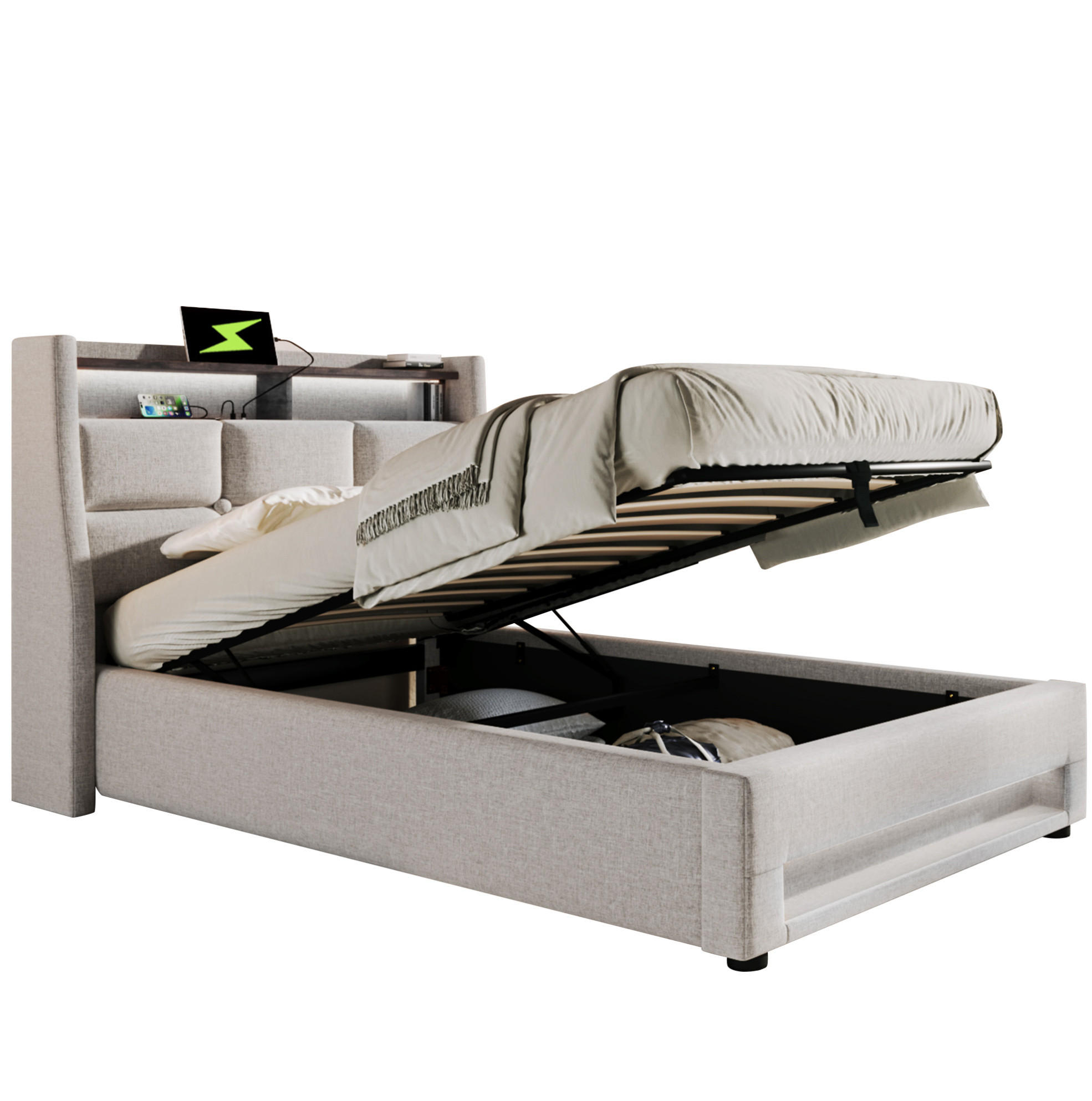 POLSTERBETT mit Stauraum, USB und LED 90x200 cm Beige - Beige, Metall (90/200cm) - Meubliv