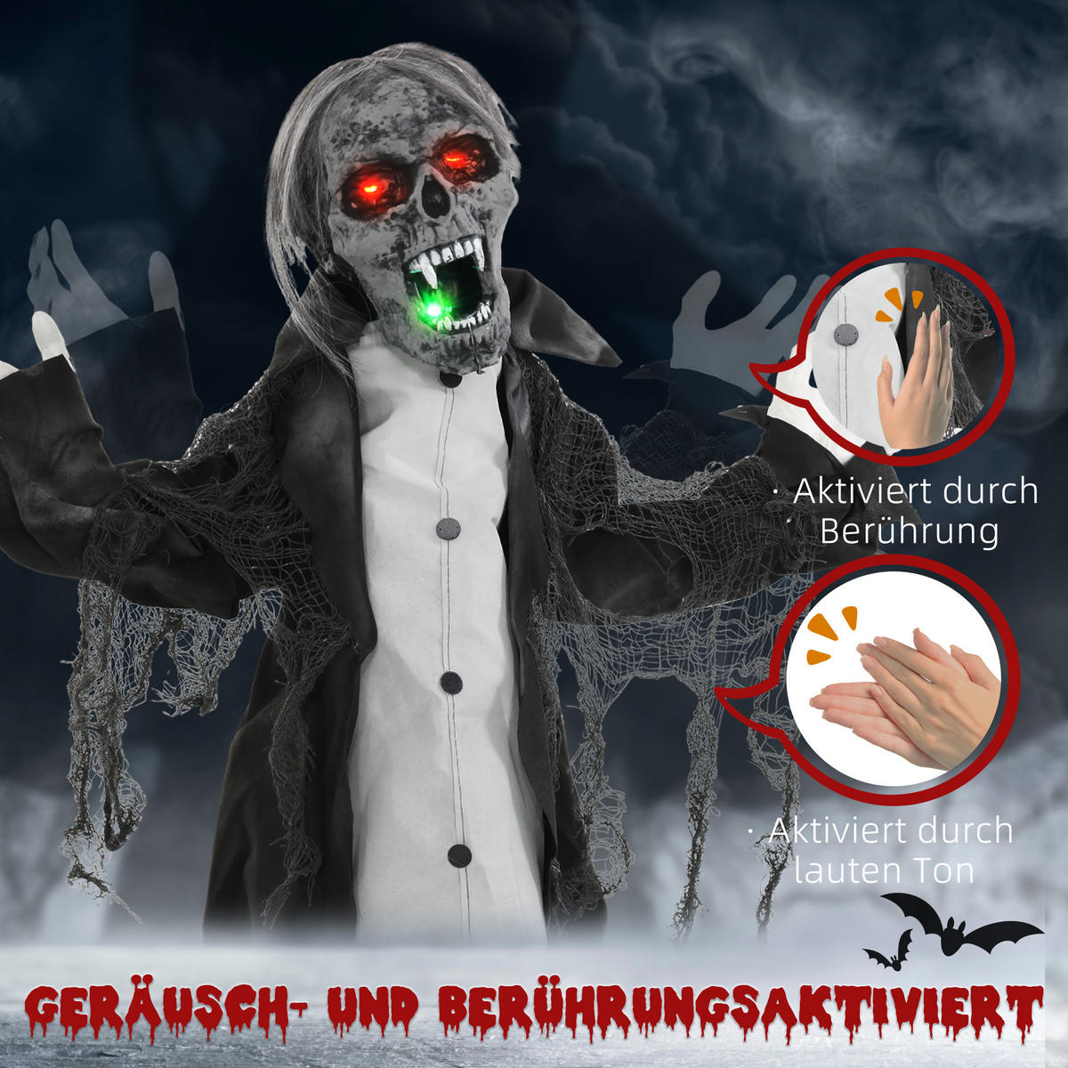 HALLOWEENDEKO DE-42074 Bewegliches Skelett/Zombie mit LED und Sound 75 cm - Dunkelgrau, Metall (102/75/32cm) - ComfortXL