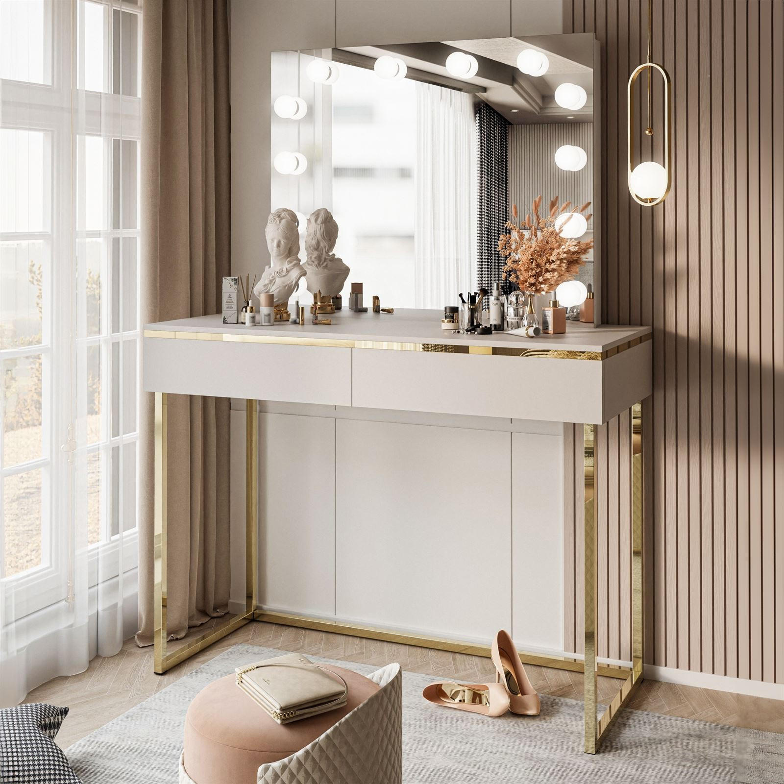 SCHMINKTISCH AURORA GOLD ELITE in Kaschmir mit Spiegel - Kaschmir/Goldfarben, Holzwerkstoff/Metall (102/144/44cm) - Lookway