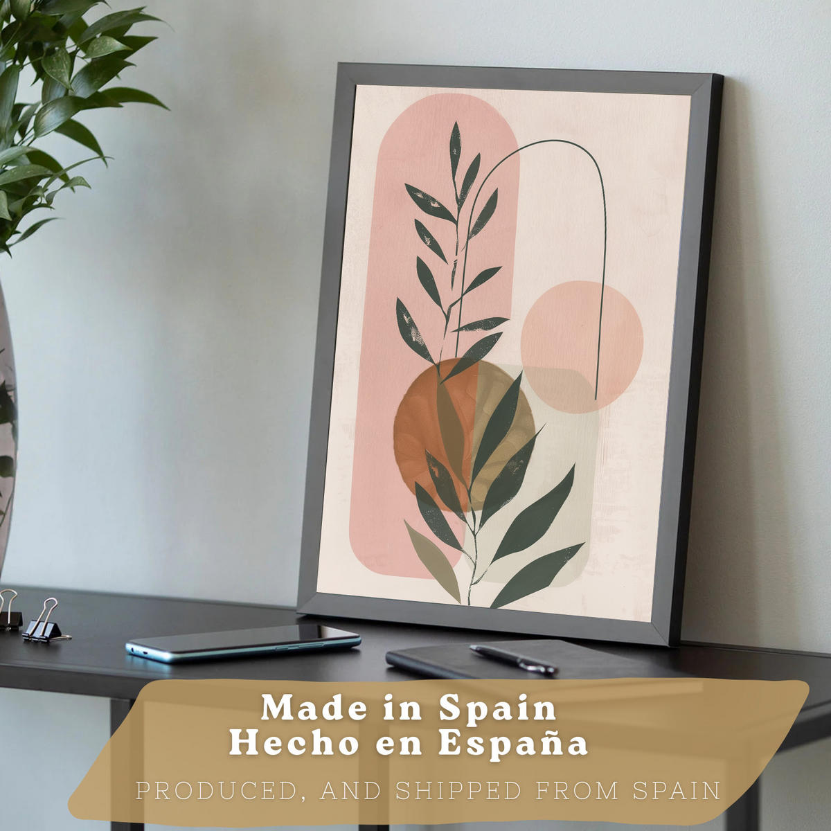 PLAKAT Sada 3 dekorativních nástěnných tisků, pastelově zelené a růžové rostliny, pro moderní dekoraci obývacího, velikost Černý rám A3 - černá, papír (29.7/42/3cm) - Nacnic