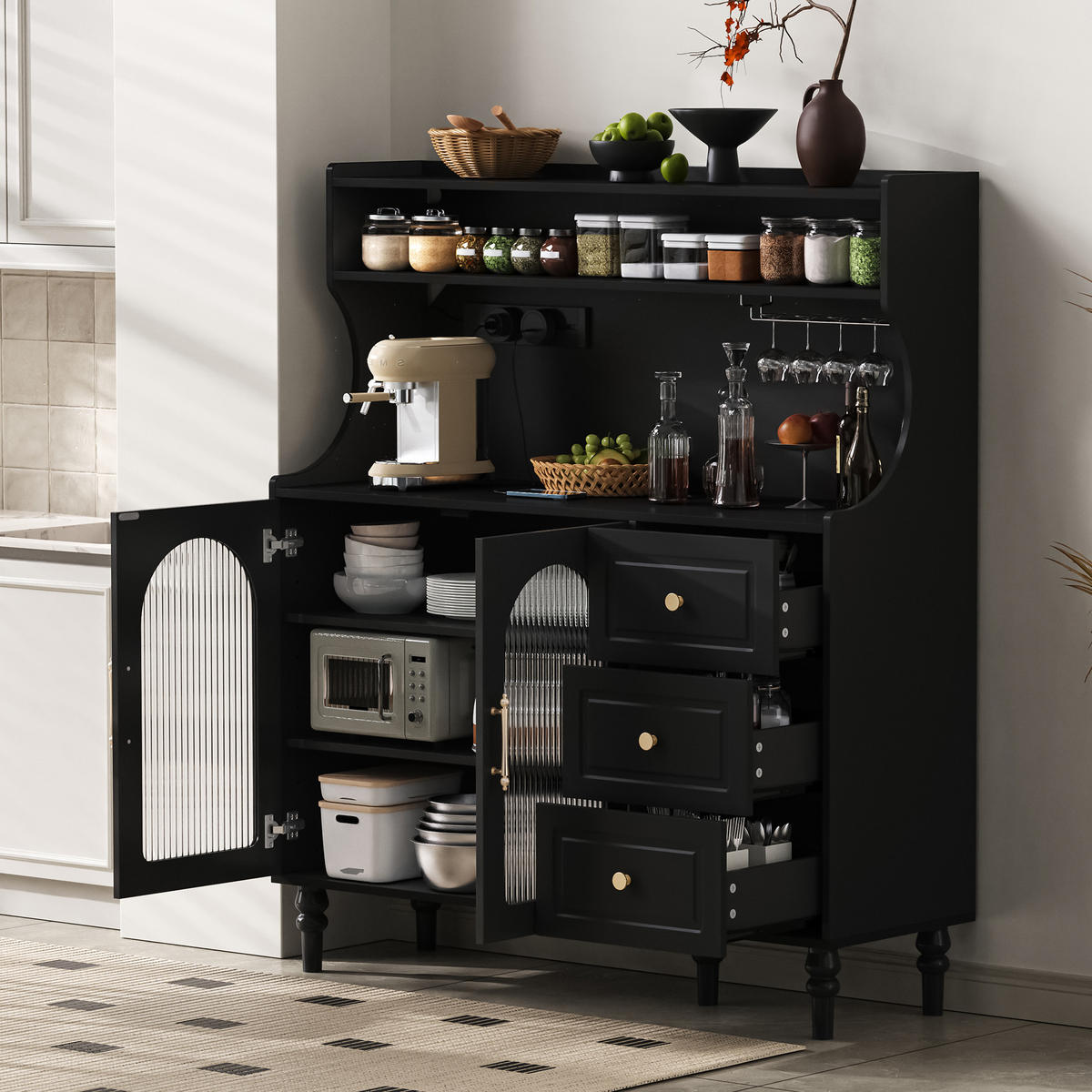 BUFFET 120x40x138.5 cm Schwarz mit Fluted Glas & Ladestation - Schwarz, Holzwerkstoff (40/138.5/120cm) - Modfu