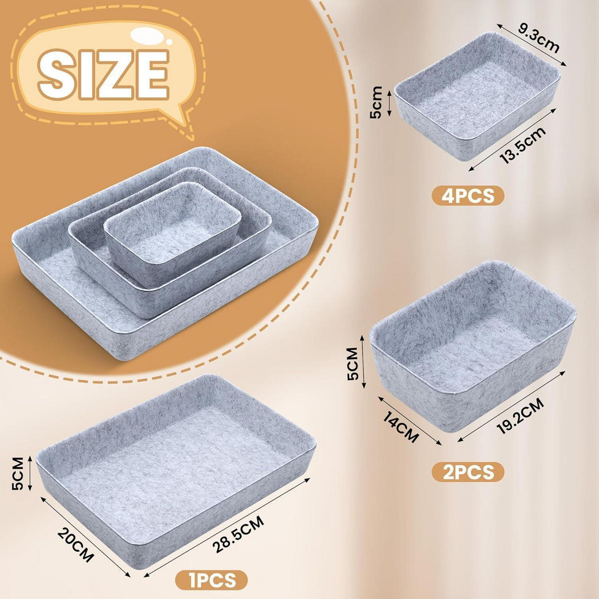 SCHUBLADEN Organizer 7-teiliges Set Filz Hellgrau - Grau, Textil (20/5/28.5cm)