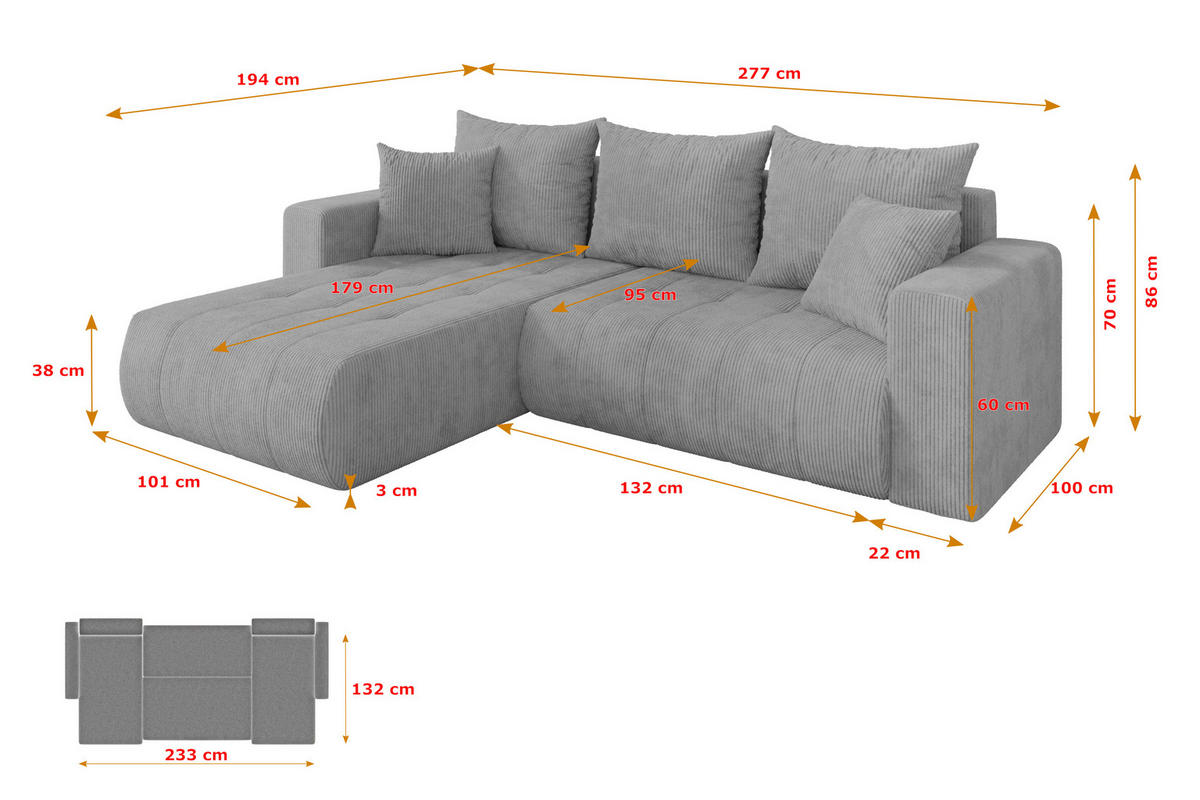 ROHOVÁ SEDAČKA s funkcí spaní, otoman vlevo MILA-L 277x194x86 šedá manšestr - šedá/černá, kompozitní dřevo/textil (277/194cm) - ALTDECOR