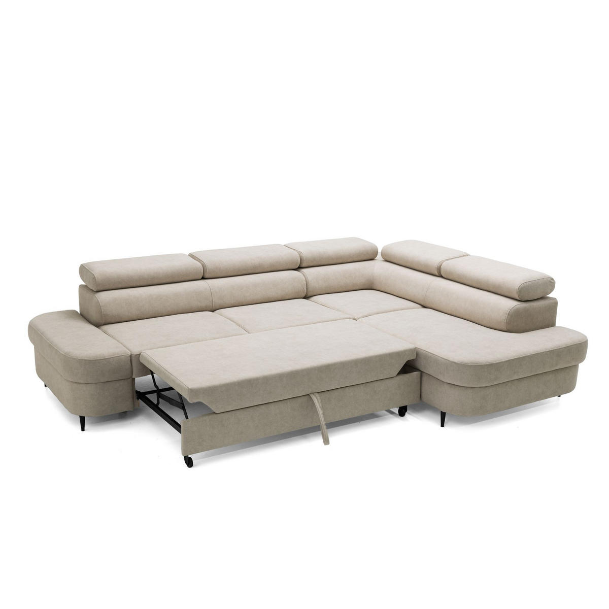 ECKSOFA PRIAM L Rechts mit Schlaffunktion 125x195 Velours Beige - Beige/Schwarz, Holz/Textil (203/275cm) - Muffo
