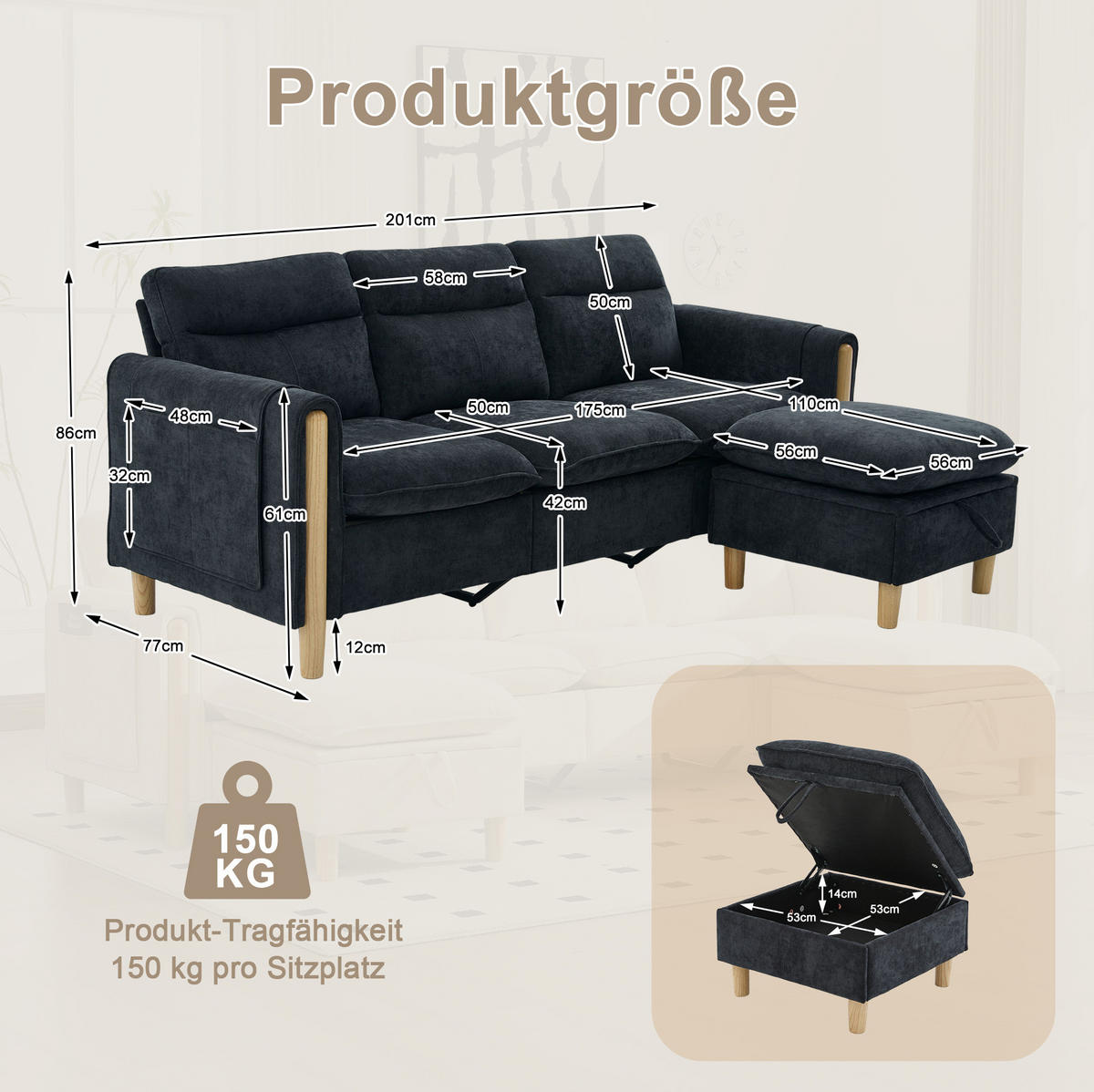 SOFA mit Stauraum-Hocker L-Form 201 cm Chenille Schwarz - Schwarz, Holz (77/201cm) - Meubliv