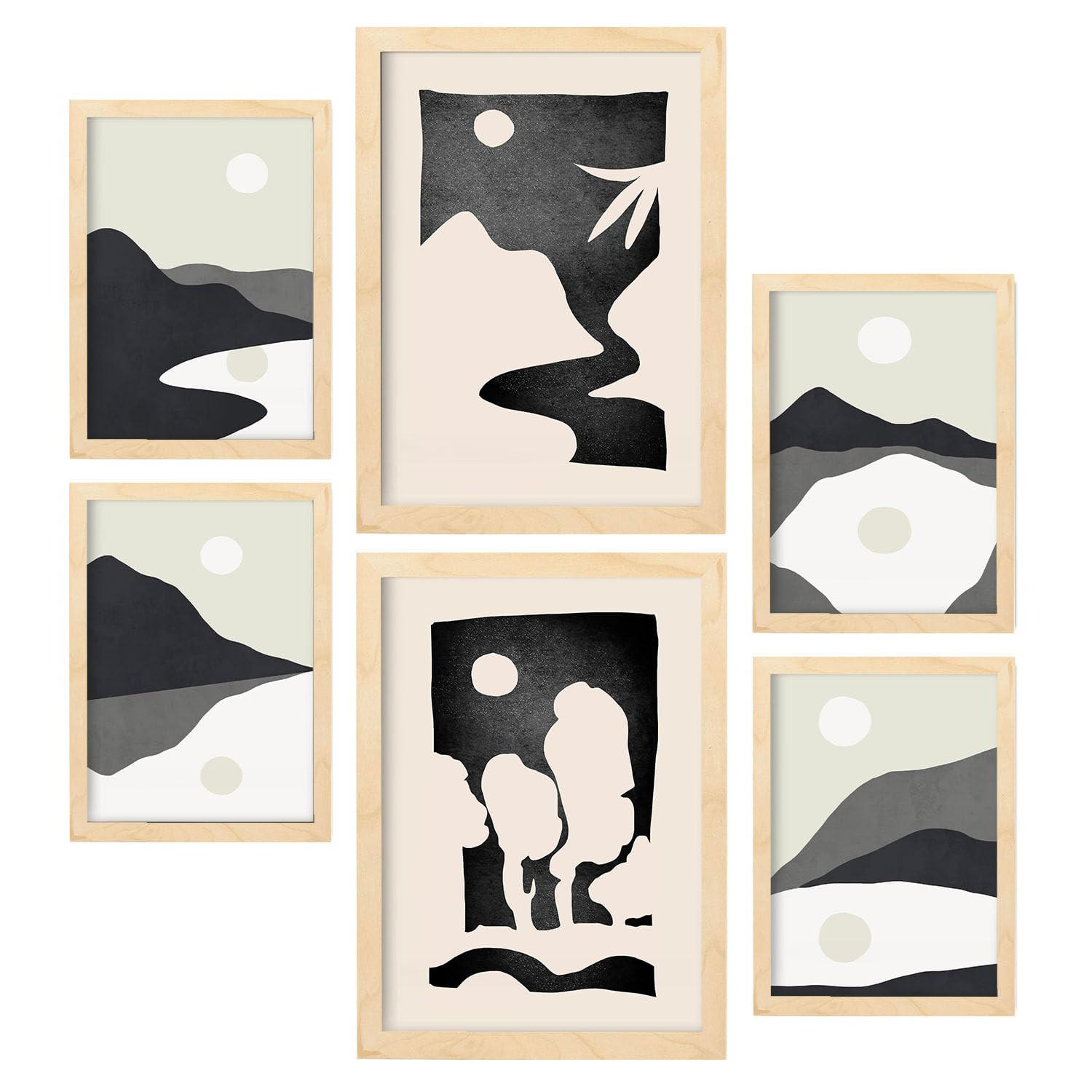 POSTER Set Mit 6 Mitternachtsmond In Kulissen Abstracts Ästhetische Dekorative Gemälde Für Ihr Wohnzimmer Zuhause A3 & A4 Rahmen Aus Hellem Holz - Beige, Papier (29/3cm) - Nacnic