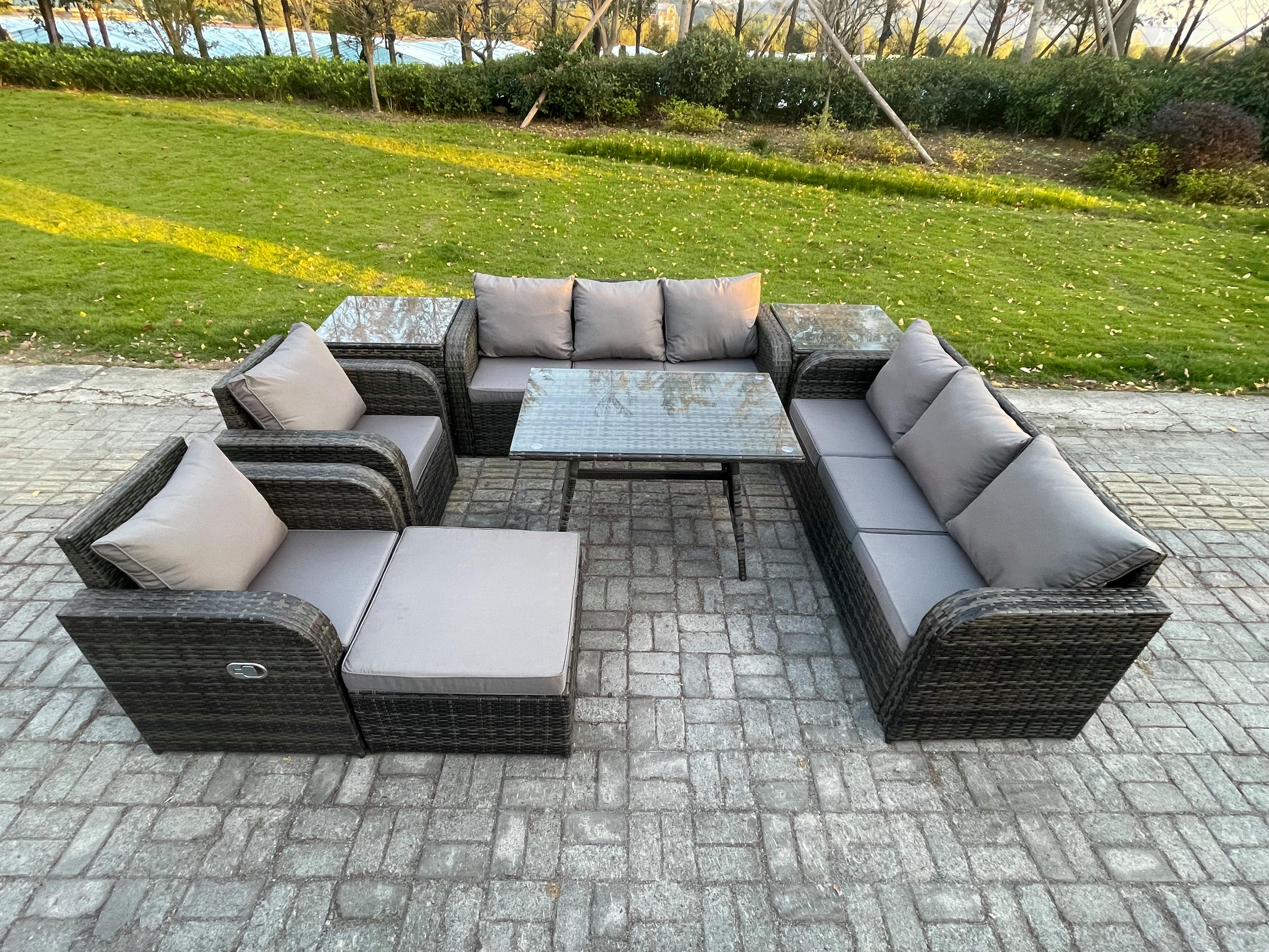 GARTENSET Hohe Rückenlehne Polyrattan 9-Sitzer - Dunkelgrau/Grau, Glas/Kunststoff - Fimous