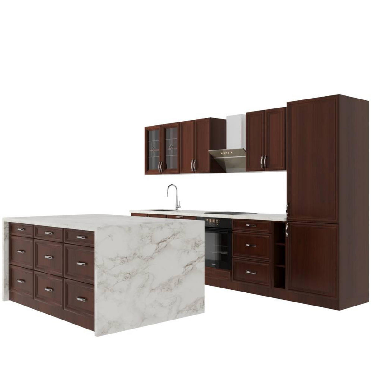 KÜCHENZEILE Mit Insel 340 cm - Sycylia K49-M340 - in Milano Walnuss - Braun, Holz/Metall (340/212/60cm)