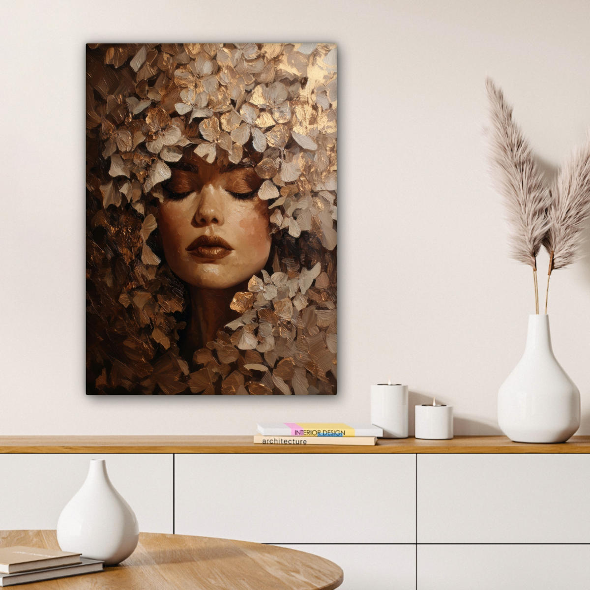 LEINWANDBILD Gesicht - Dame - Blätter - Pinselstriche Wandbild Wohnzimmer 60x80 cm - Goldfarben, Textil (60/80cm) - MuchoWow