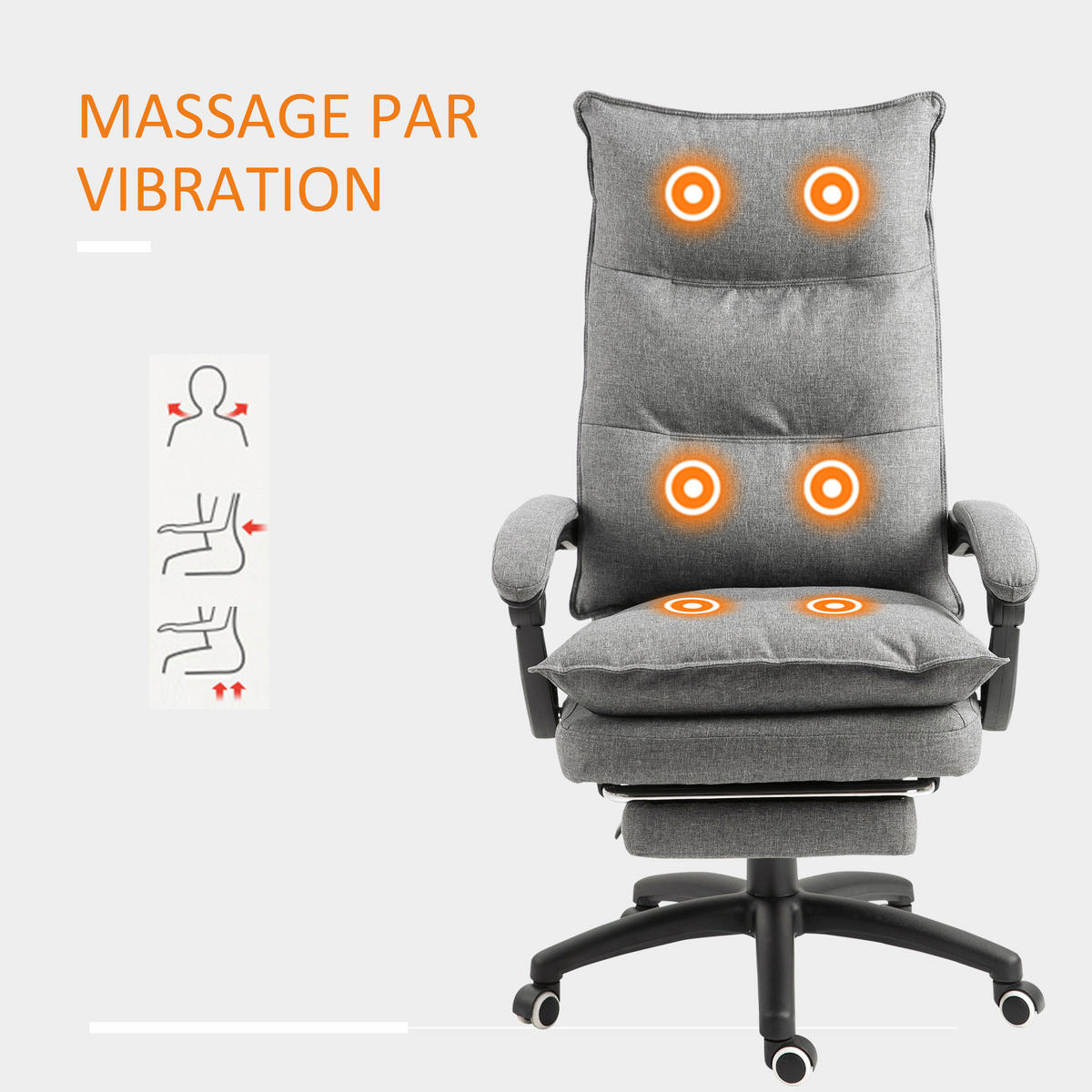 CHEFSESSEL DE-11640 ergonomisch mit Massagefunktion & Fußstütze Grau - Grau, Textil (62/130/70cm) - ComfortXL