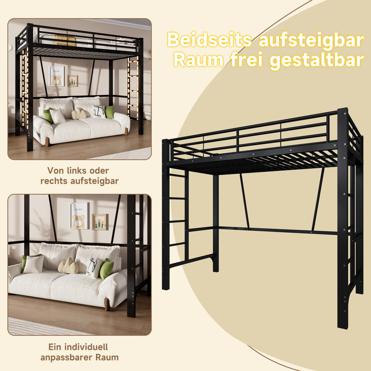 HOCHBETT 90/200 cm in Schwarz mit Doppelleiter und Schutzgeländern aus Metall - Schwarz, Metall (90/200cm) - STILVORA