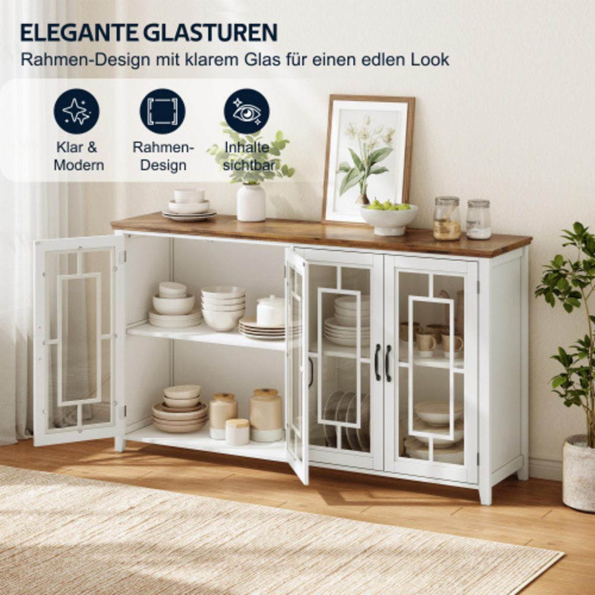 SIDEBOARD weiß aus MDF mit Retro-Holzmaserung-Platte 160 × 40 × 86 cm - Weiß, Holzwerkstoff (160/86/40cm) - Luhomfu