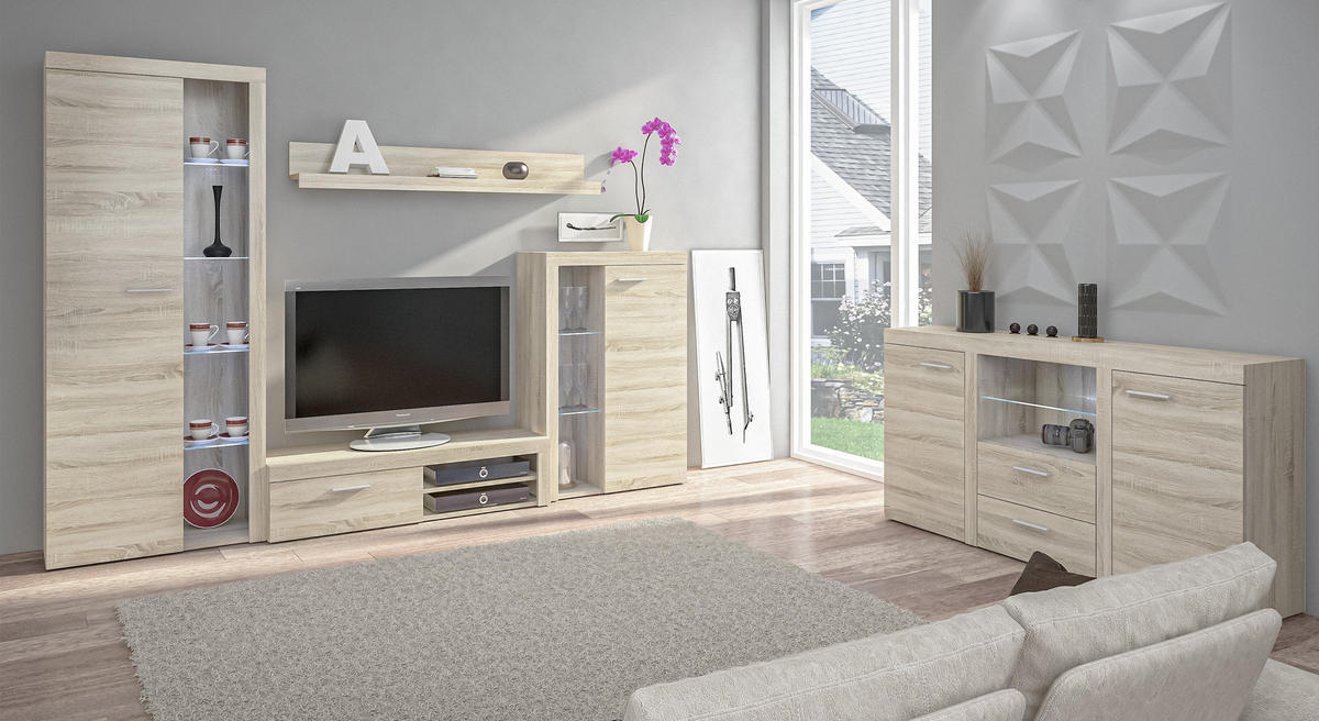 WOHNWAND Spacoro Sonoma Eiche 270/190/41 cm Wohnwand Modern ohne LED - Beige, Holzwerkstoff/Kunststoff (270/190/41cm) - AX Living