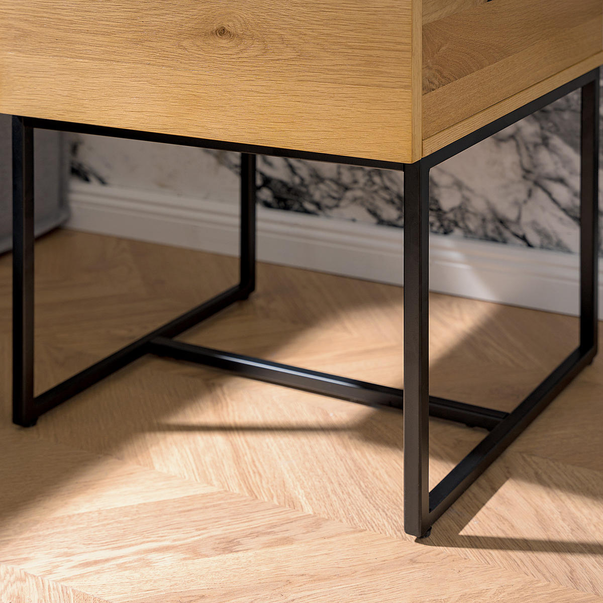 NACHTKOMMODE - Echtholzfurnier / Eisen - Eichefarben/Schwarz, Holzwerkstoff (42/75/40cm) - home24