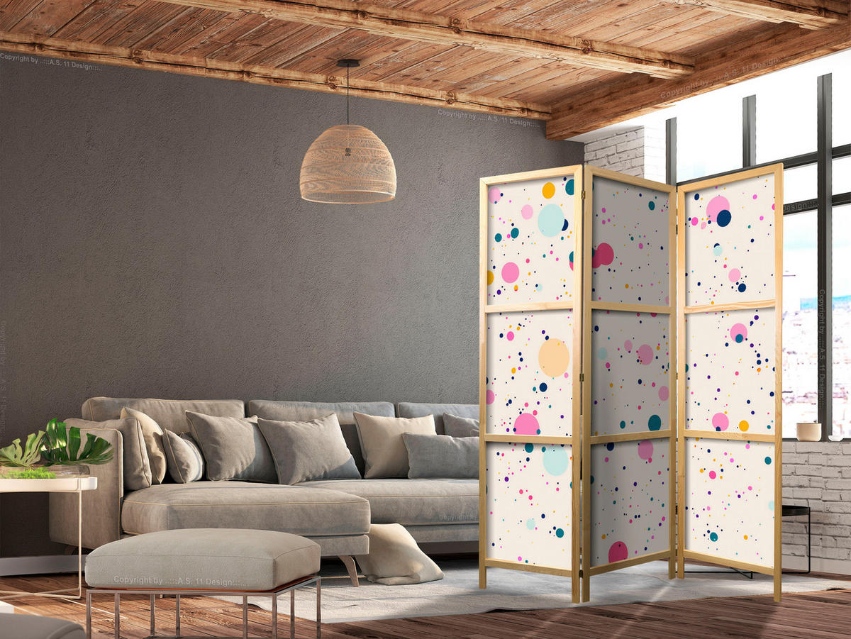 PARAVENT Japanischer 3-tlg 135x172 cm Buntes Punktemuster - Multicolor, Holz/Textil (135/172/3cm) - Muralo