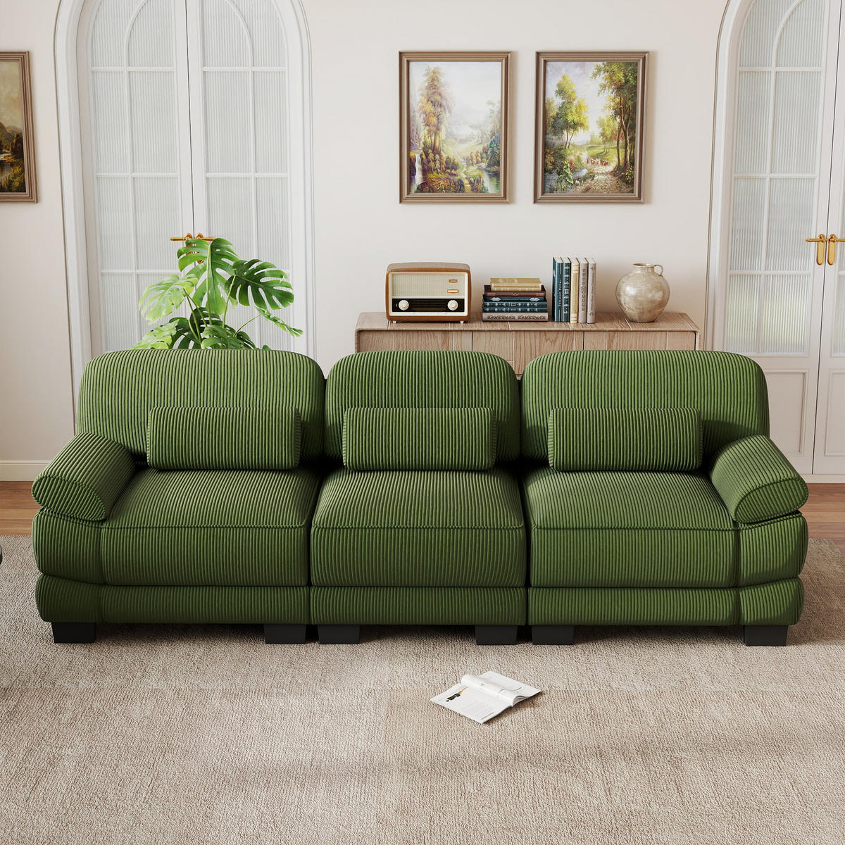 3-SITZER-SOFA mit Lendenkissen, Cordbezug, DE-42659, Grün - Grün, Holz (265/94/88.5cm) - ComfortXL