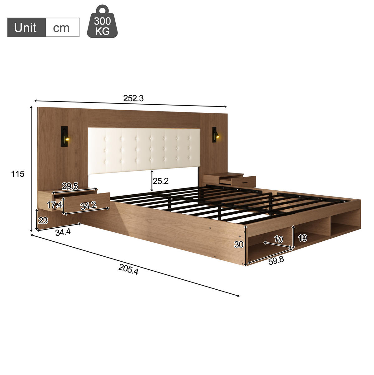 POLSTERBETT 180/200 cm mit 2 Nachttischen, USB/Type-C und Leselampen - Nussbaumfarben, Holzwerkstoff (180/200cm) - BEAOK