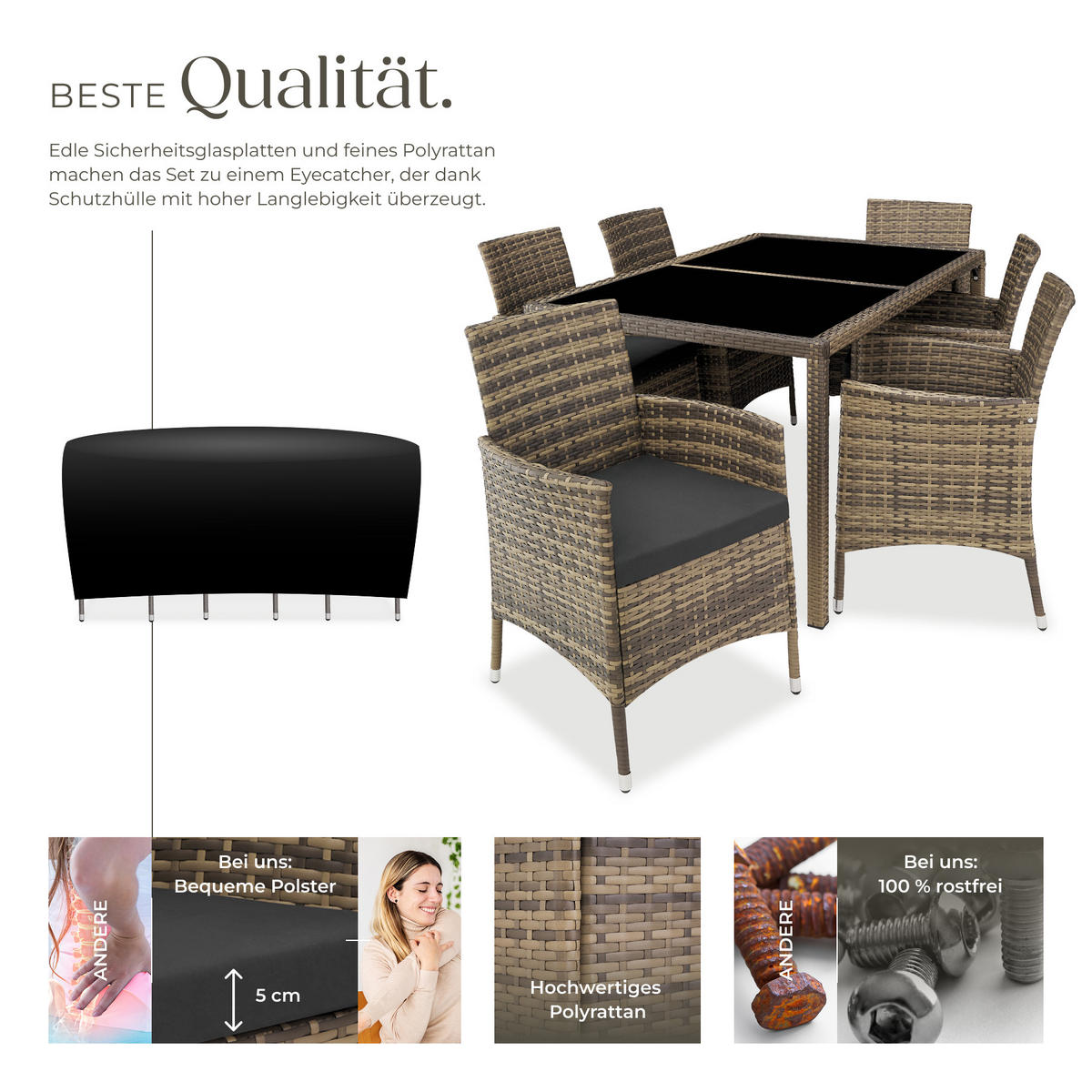 RATTAN SITZGRUPPE Porto,inklusive Schutzhülle,natur/dunkelgrau - Naturfarben, Kunststoff - tectake